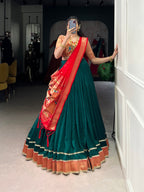 Lorenvalley Fashion Green Vichitra Silk Zari Weaving With Lace Border Lehenga Choli with Dupatta