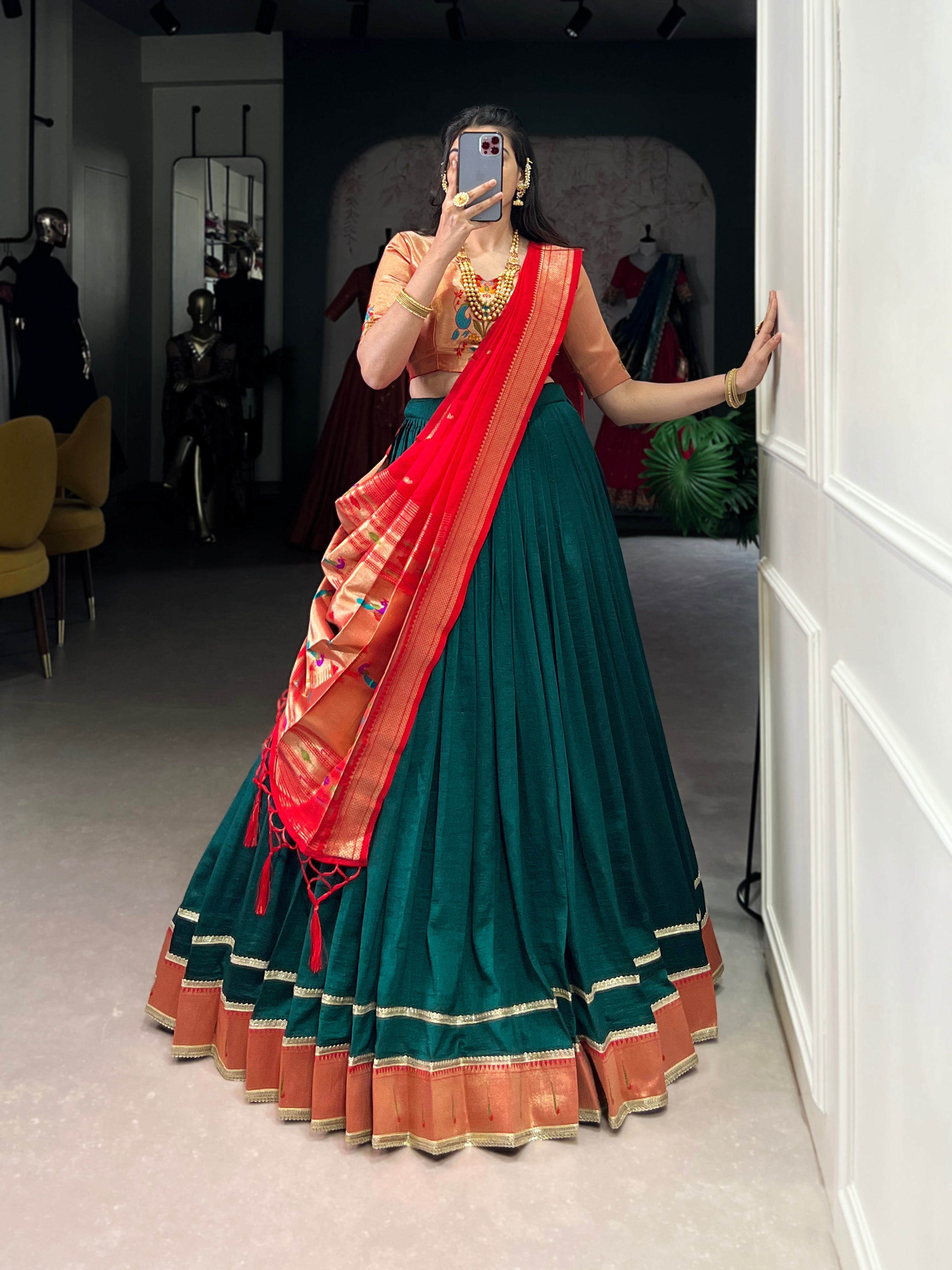 Lorenvalley Fashion Green Vichitra Silk Zari Weaving With Lace Border Lehenga Choli with Dupatta