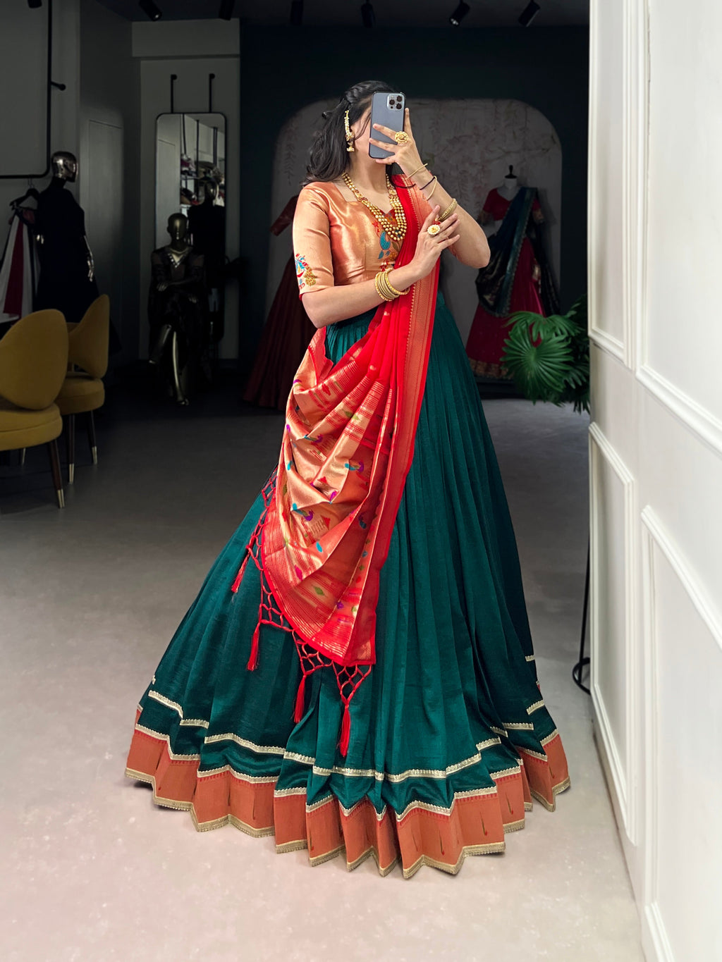 Lorenvalley Fashion Green Vichitra Silk Zari Weaving With Lace Border Lehenga Choli with Dupatta
