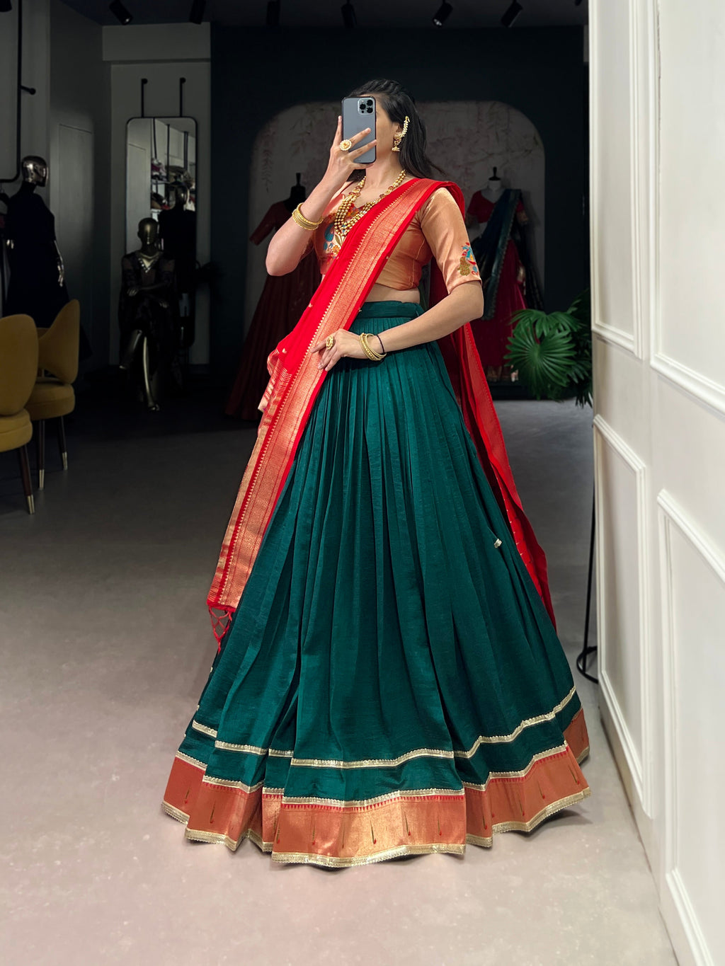 Lorenvalley Fashion Green Vichitra Silk Zari Weaving With Lace Border Lehenga Choli with Dupatta