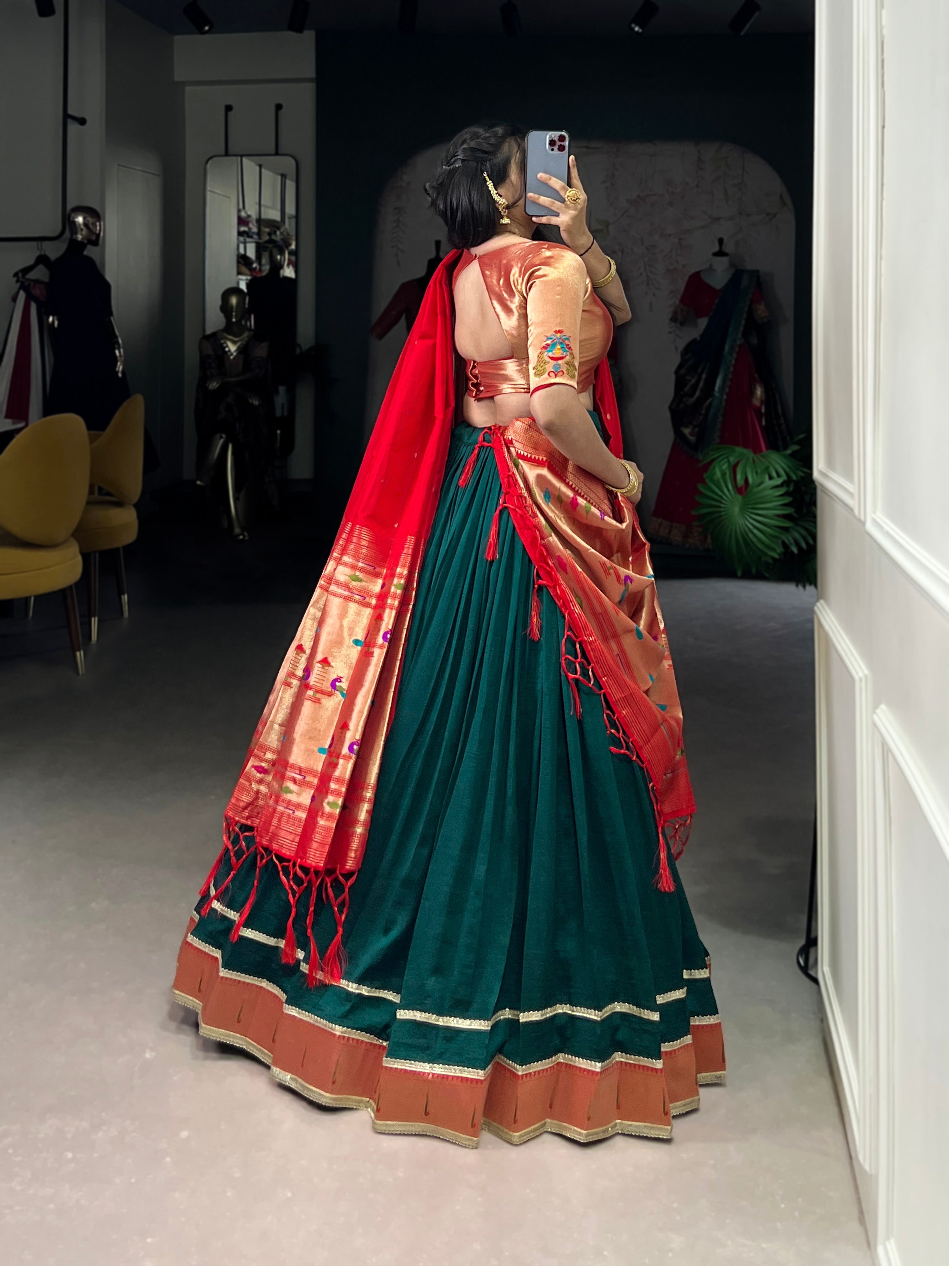 Lorenvalley Fashion Green Vichitra Silk Zari Weaving With Lace Border Lehenga Choli with Dupatta