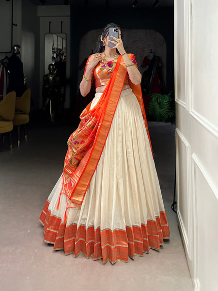 Lorenvalley Fashion Off White Vichitra Silk Zari Weaving With Lace Border Lehenga Choli with Dupatta