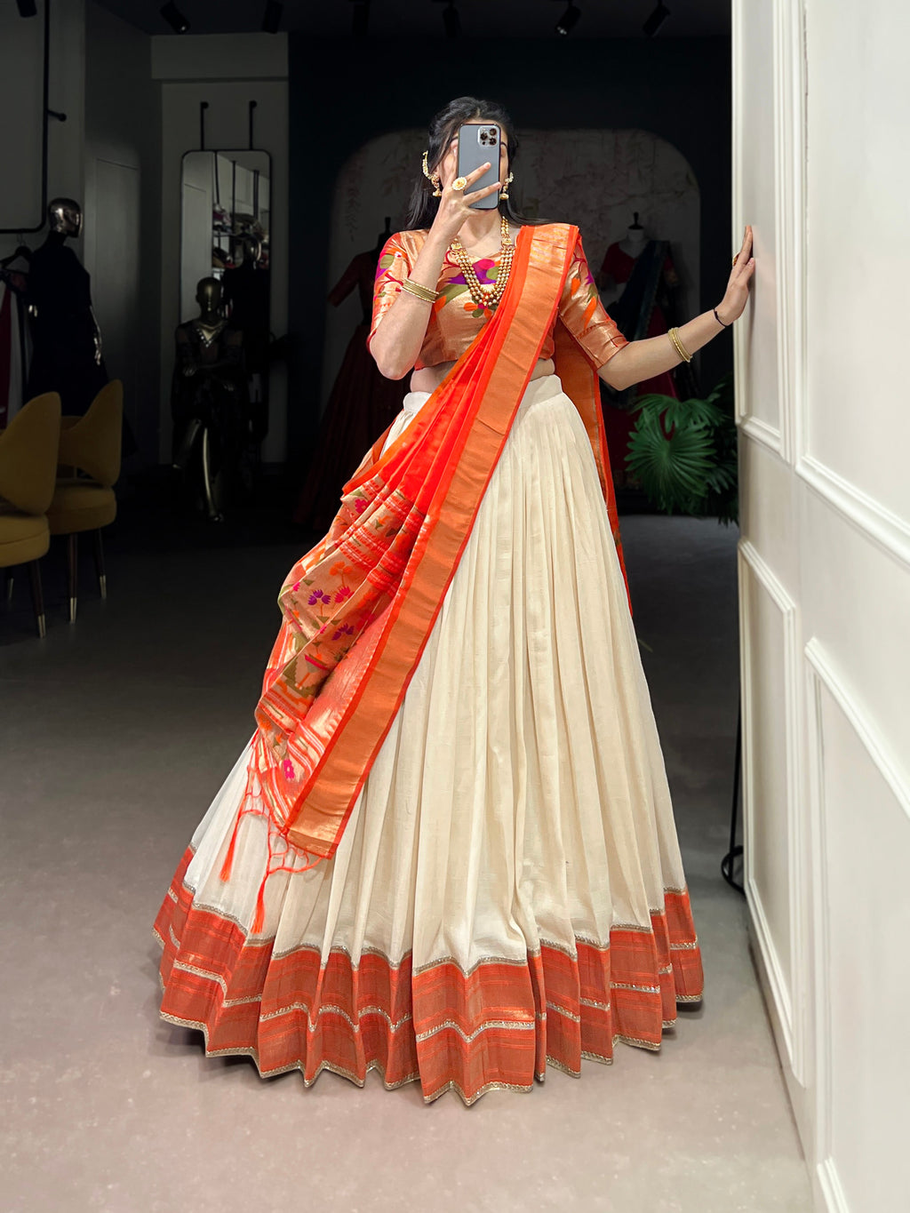 Lorenvalley Fashion Off White Vichitra Silk Zari Weaving With Lace Border Lehenga Choli with Dupatta