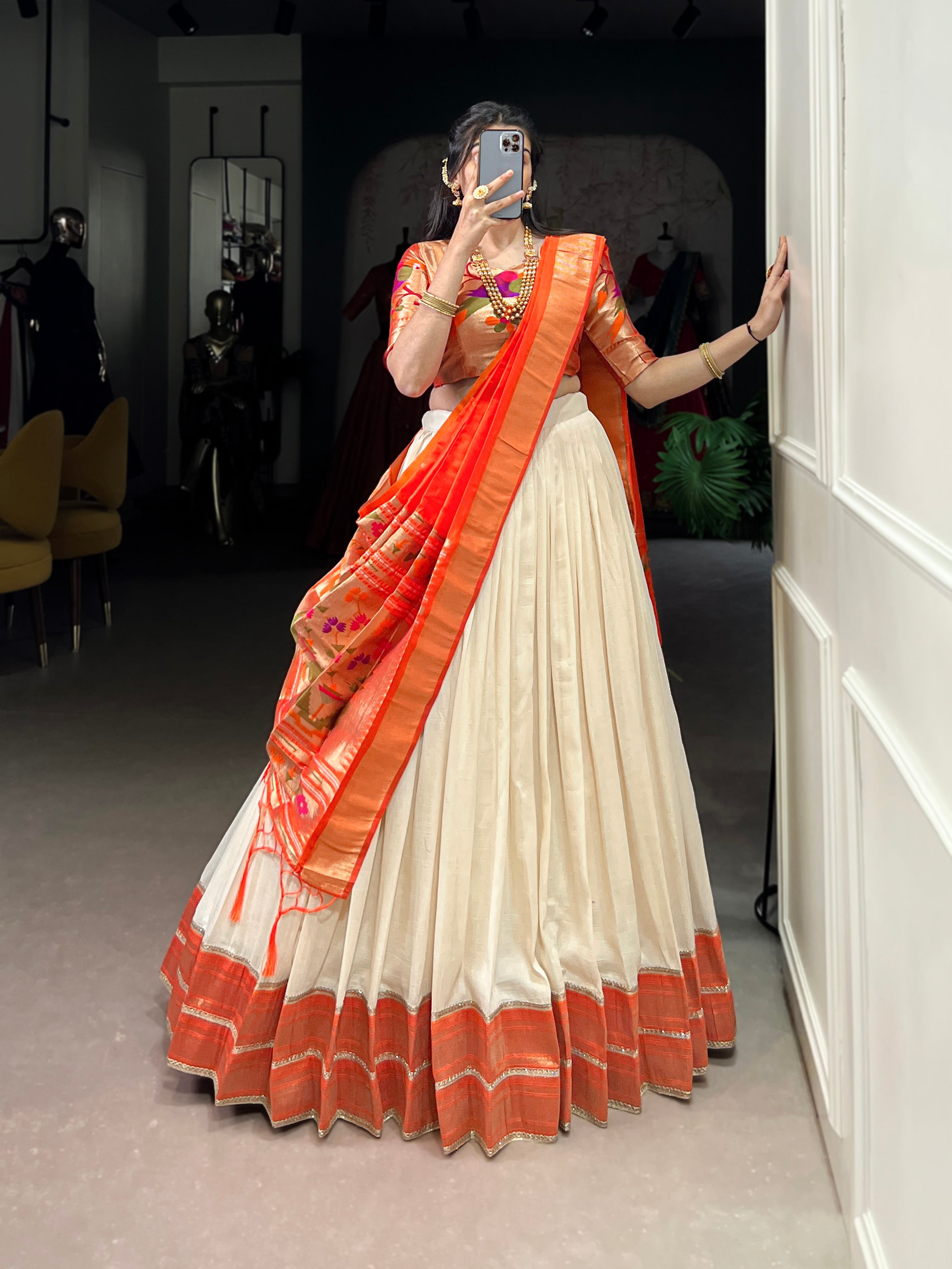Lorenvalley Fashion Off White Vichitra Silk Zari Weaving With Lace Border Lehenga Choli with Dupatta