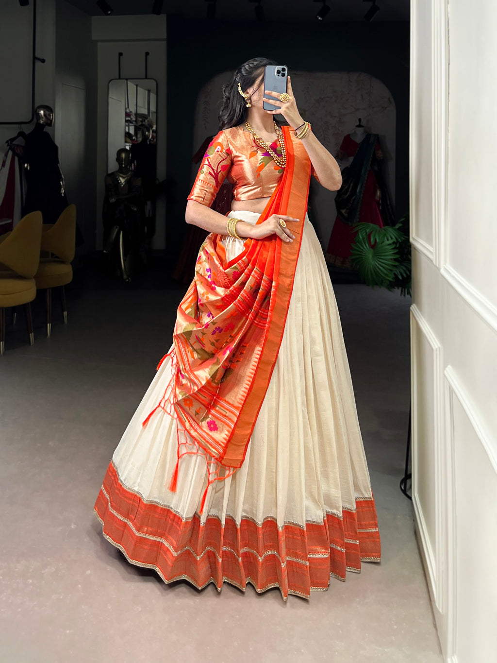 Lorenvalley Fashion Off White Vichitra Silk Zari Weaving With Lace Border Lehenga Choli with Dupatta