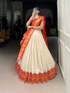 Lorenvalley Fashion Off White Vichitra Silk Zari Weaving With Lace Border Lehenga Choli with Dupatta