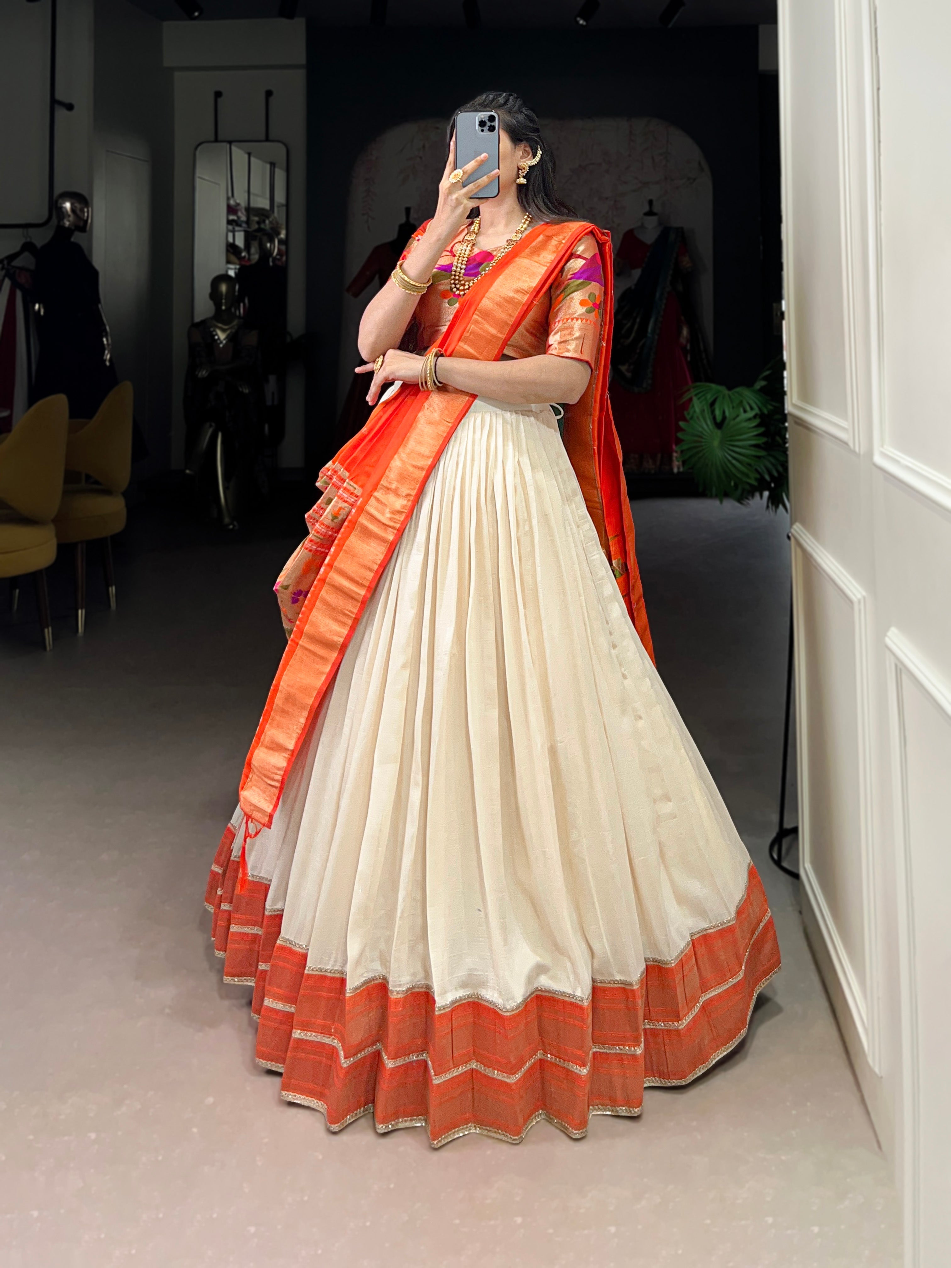 Lorenvalley Fashion Off White Vichitra Silk Zari Weaving With Lace Border Lehenga Choli with Dupatta