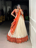 Lorenvalley Fashion Off White Vichitra Silk Zari Weaving With Lace Border Lehenga Choli with Dupatta
