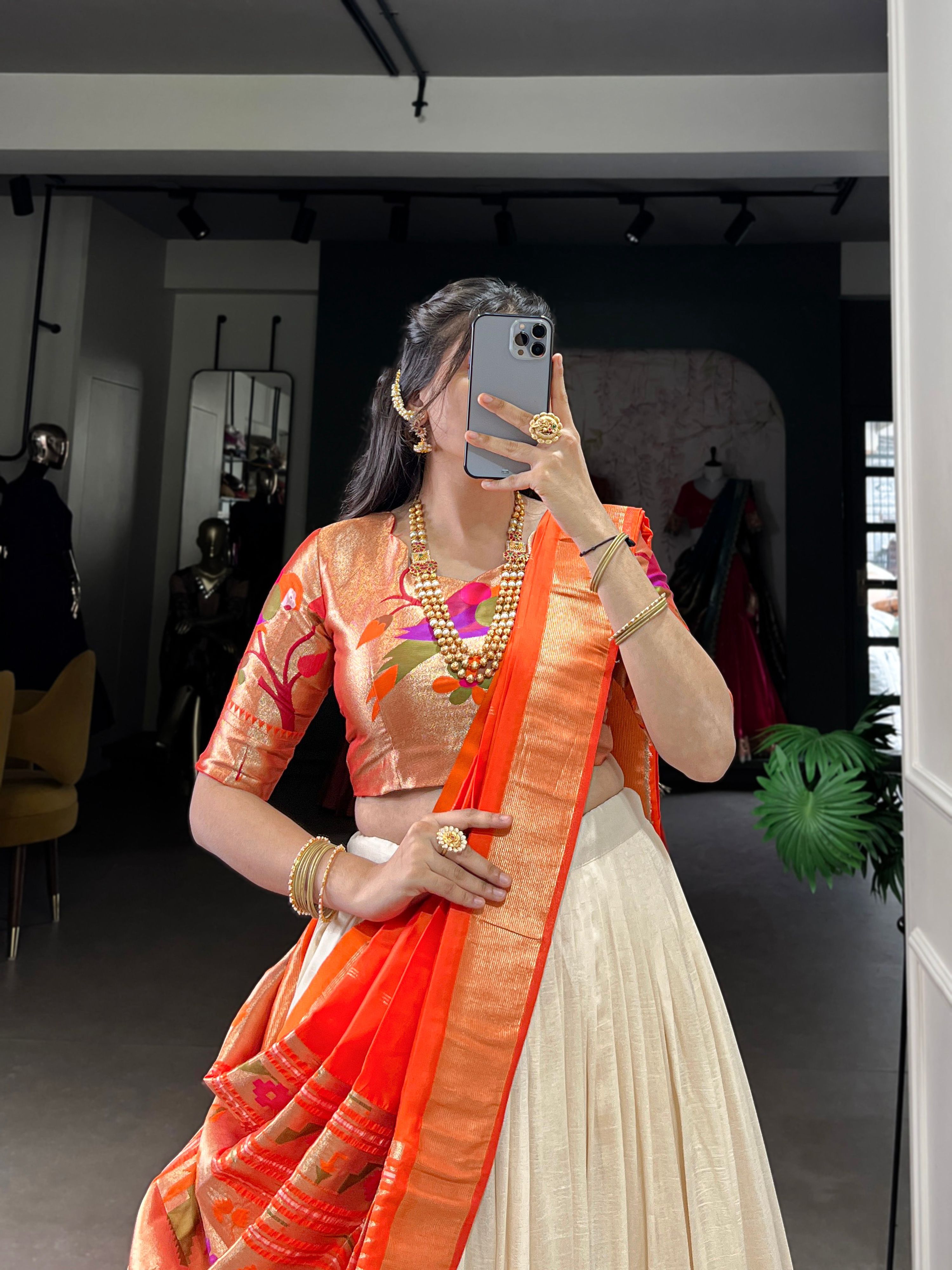 Lorenvalley Fashion Off White Vichitra Silk Zari Weaving With Lace Border Lehenga Choli with Dupatta