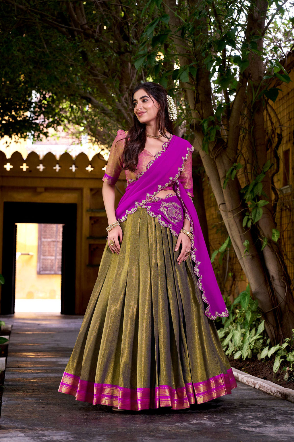 Lorenvalley Fashion Mahendi Kanchipuram Zari Weaving Work Lehenga Choli with Dupatta