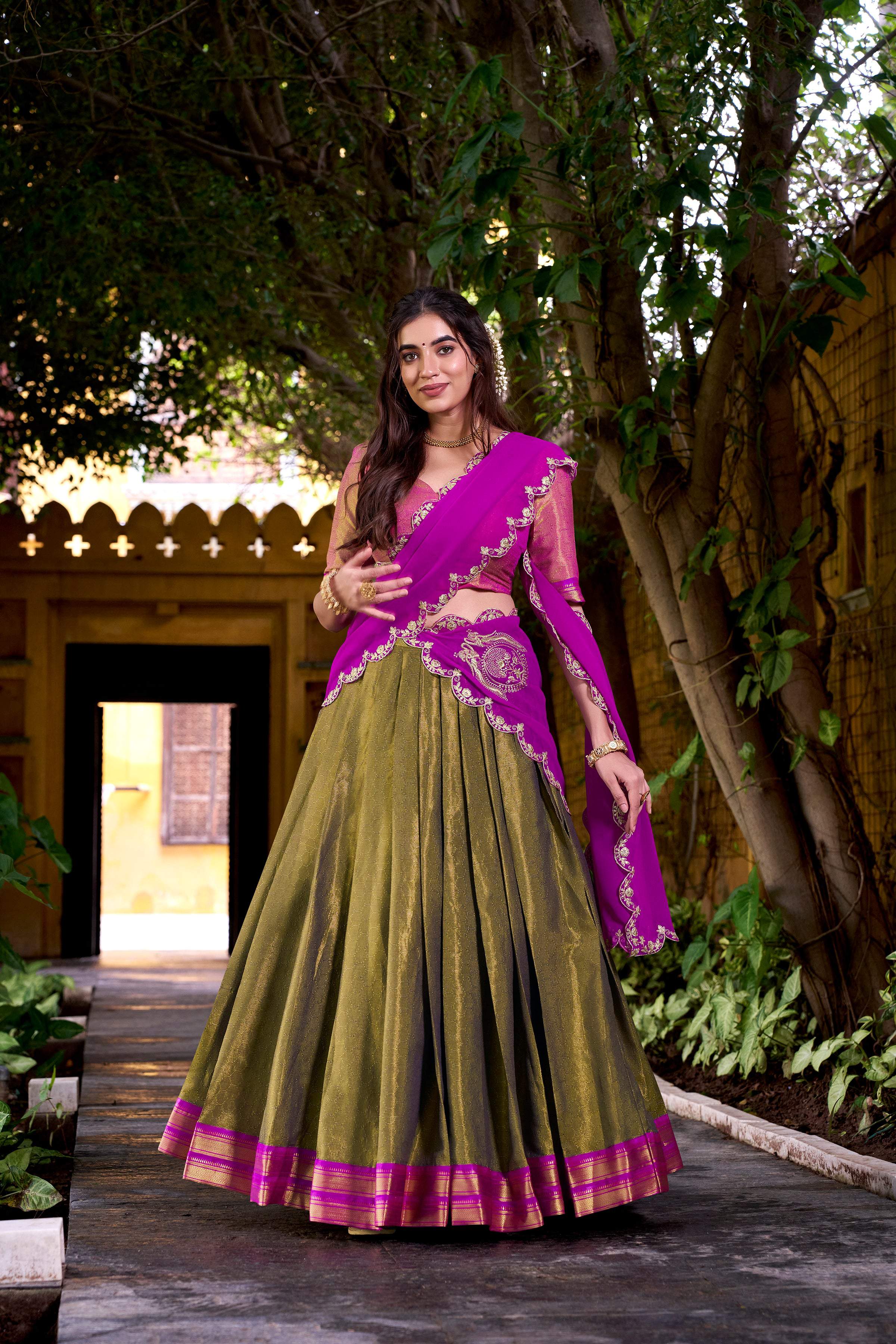 Lorenvalley Fashion Mahendi Kanchipuram Zari Weaving Work Lehenga Choli with Dupatta