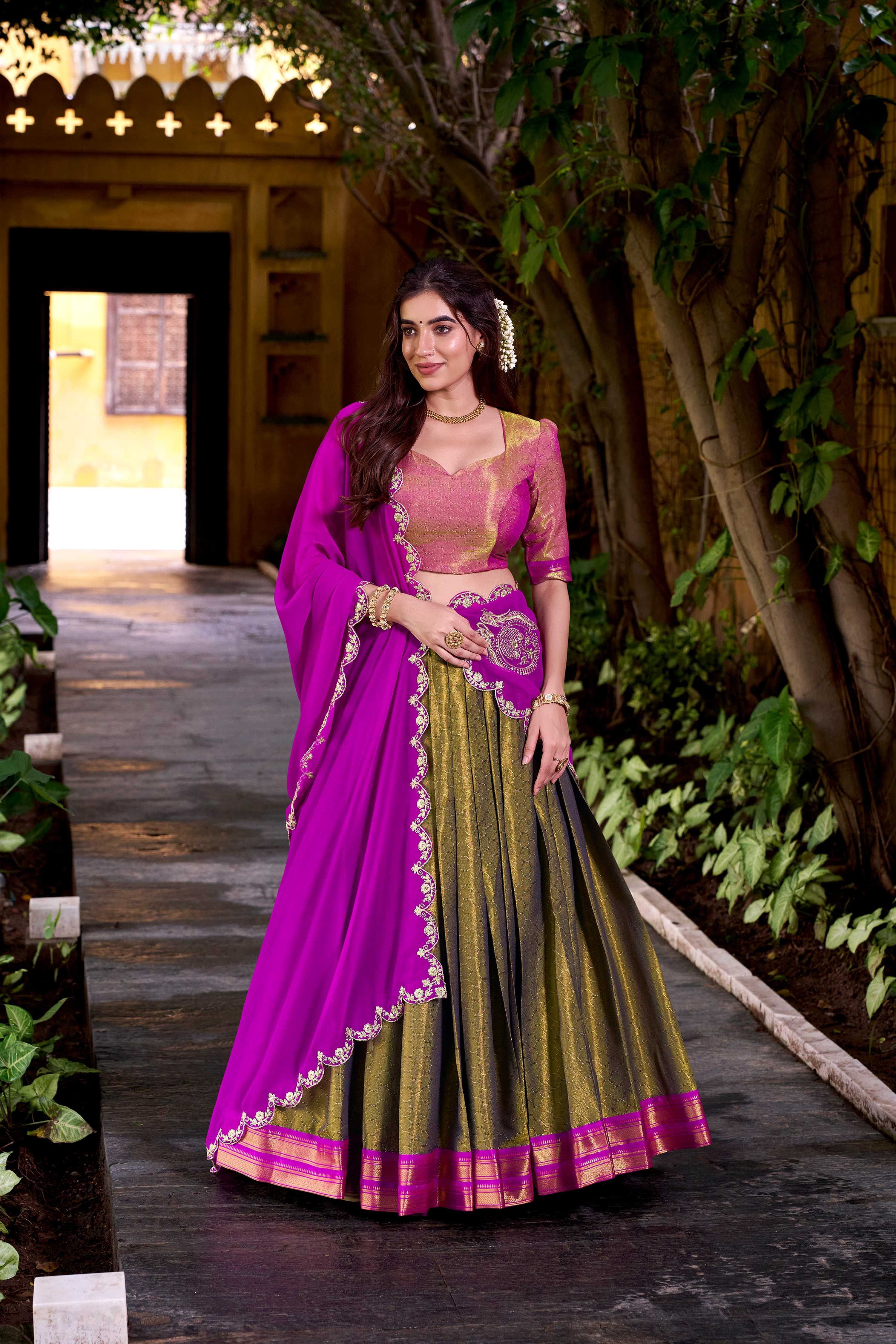 Lorenvalley Fashion Mahendi Kanchipuram Zari Weaving Work Lehenga Choli with Dupatta