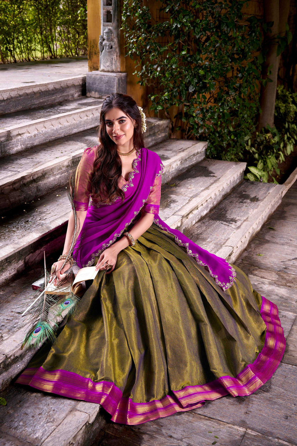 Lorenvalley Fashion Mahendi Kanchipuram Zari Weaving Work Lehenga Choli with Dupatta