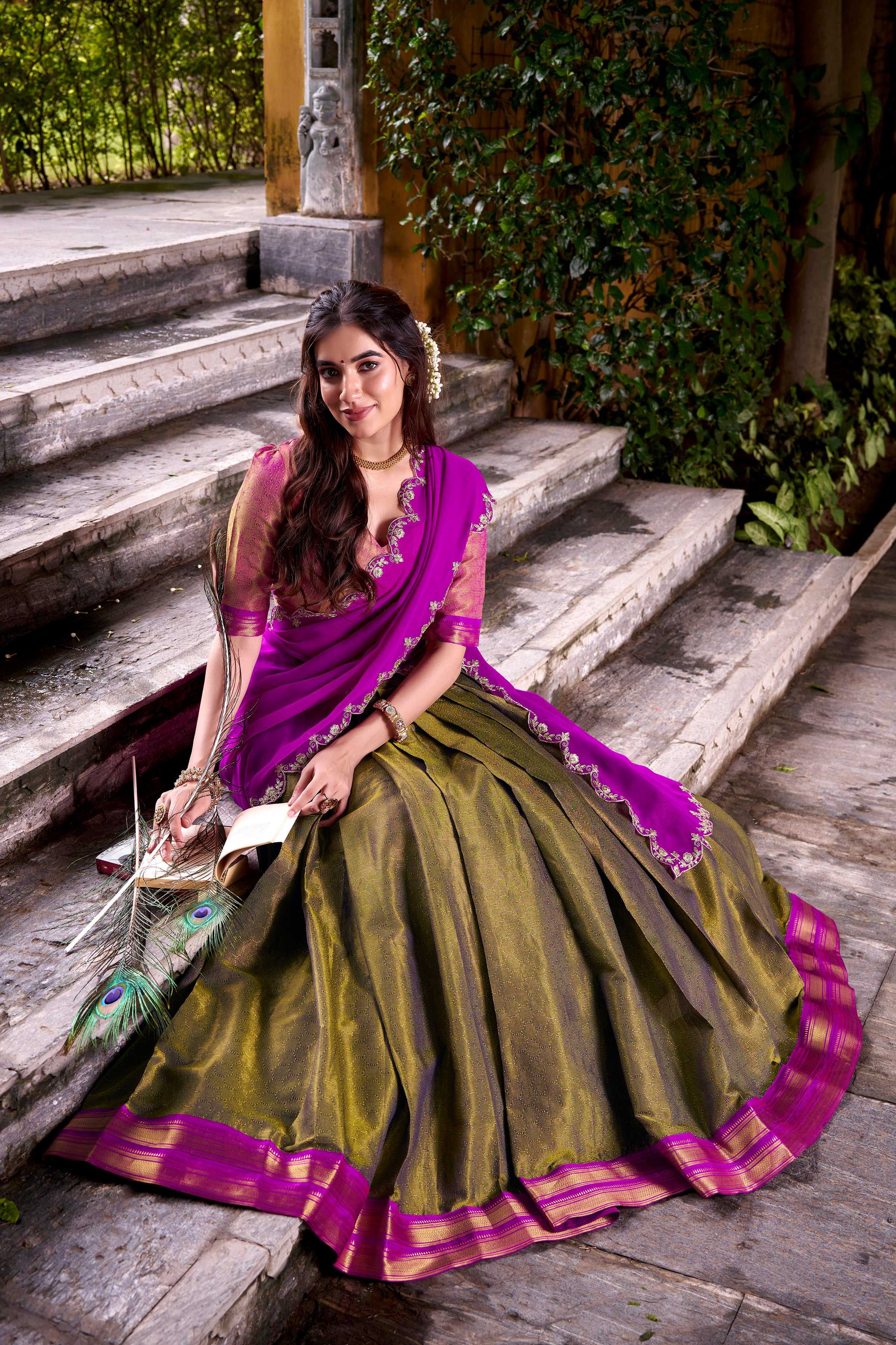 Lorenvalley Fashion Mahendi Kanchipuram Zari Weaving Work Lehenga Choli with Dupatta