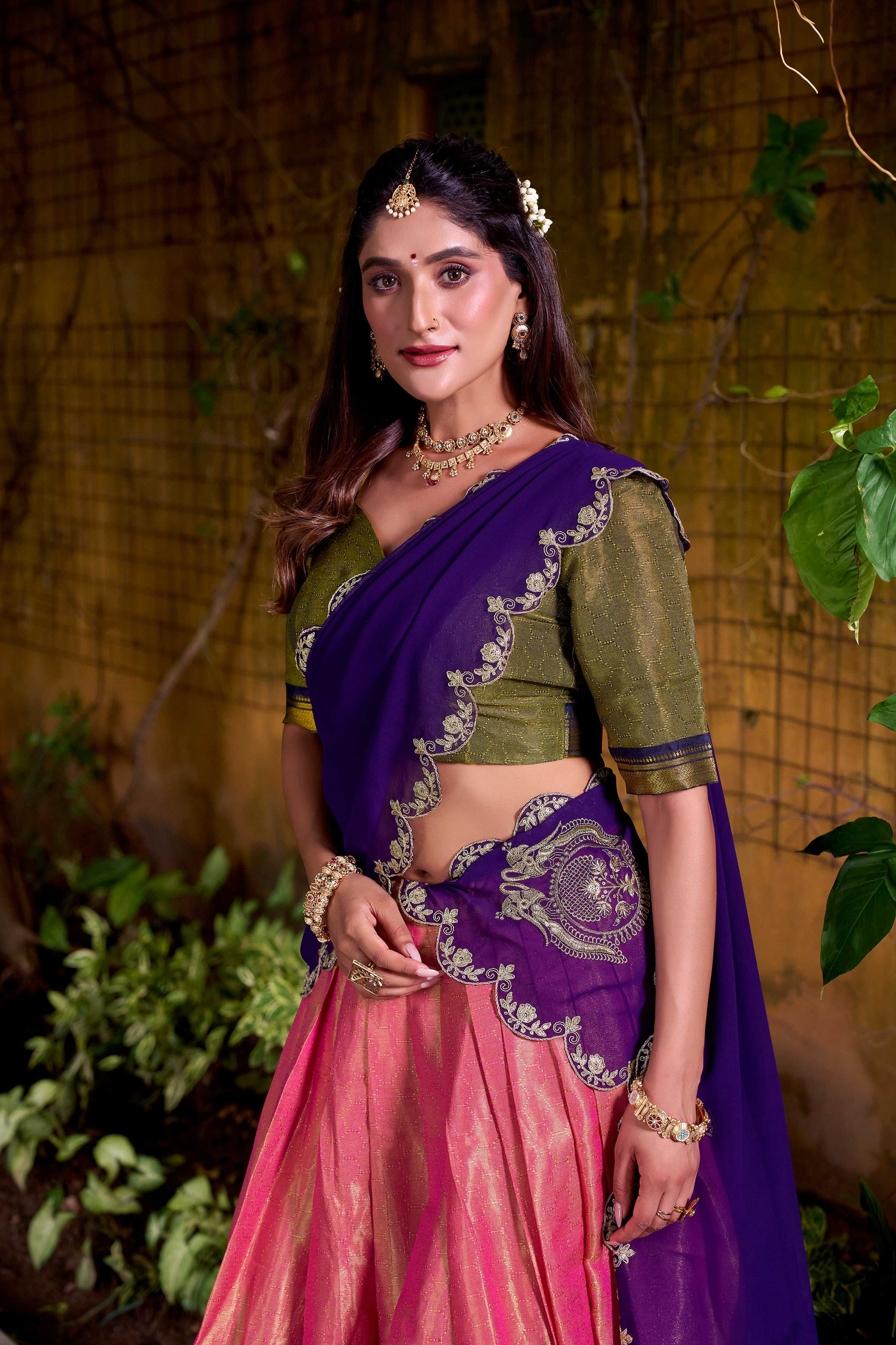 Lorenvalley Fashion Pink Kanchipuram Zari Weaving Work Lehenga Choli with Dupatta