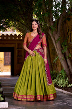 Lorenvalley Fashion Pista Kanchipuram Zari Weaving Work Lehenga Choli with Dupatta