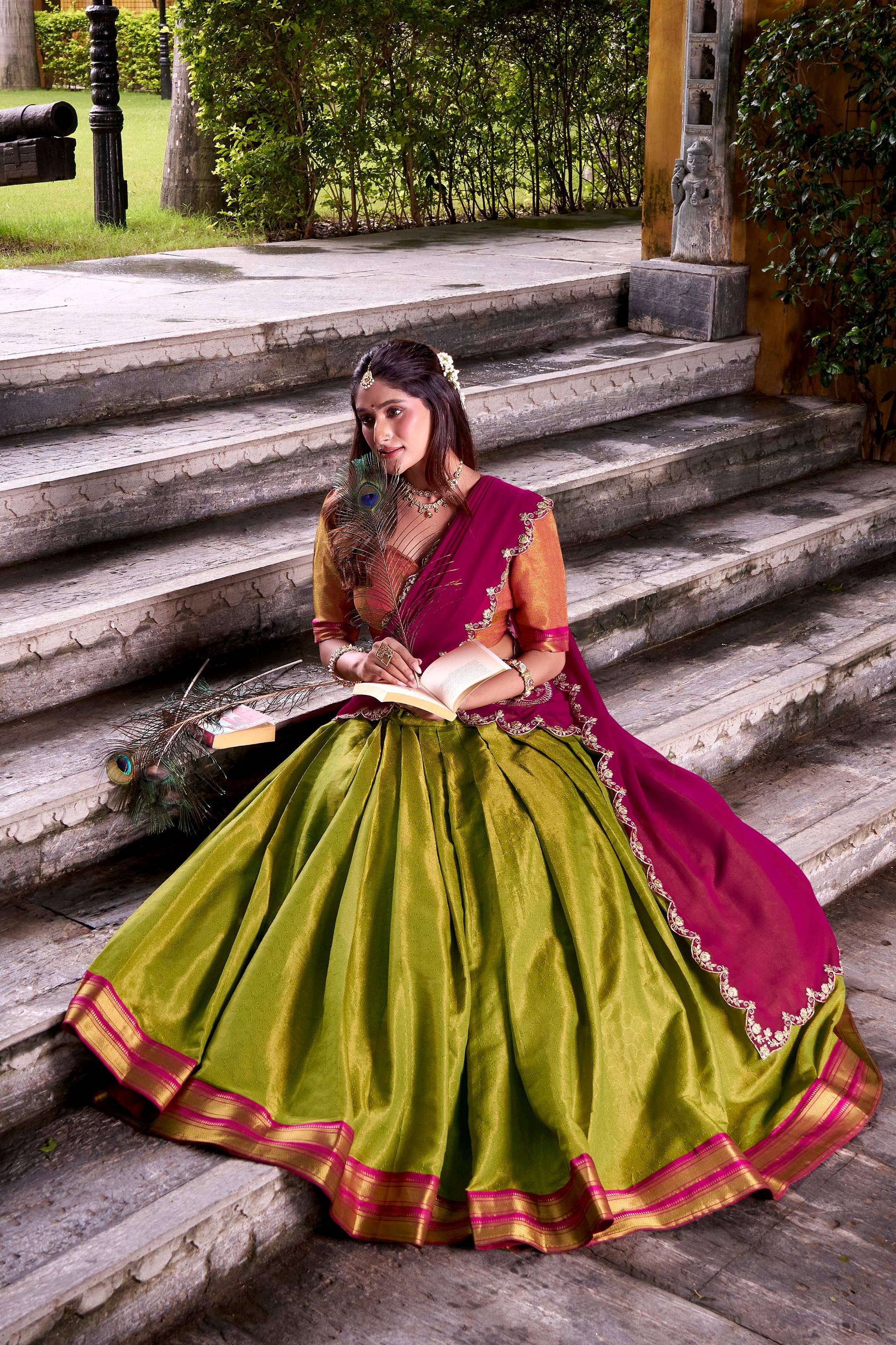 Lorenvalley Fashion Pista Kanchipuram Zari Weaving Work Lehenga Choli with Dupatta