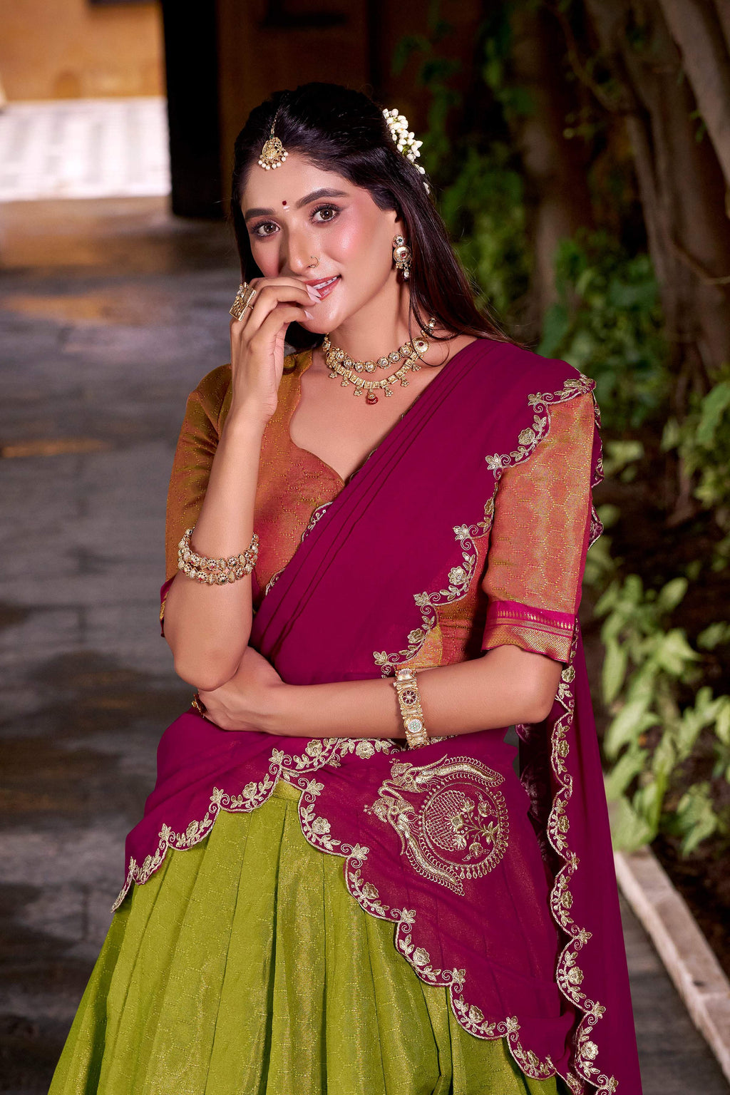 Lorenvalley Fashion Pista Kanchipuram Zari Weaving Work Lehenga Choli with Dupatta