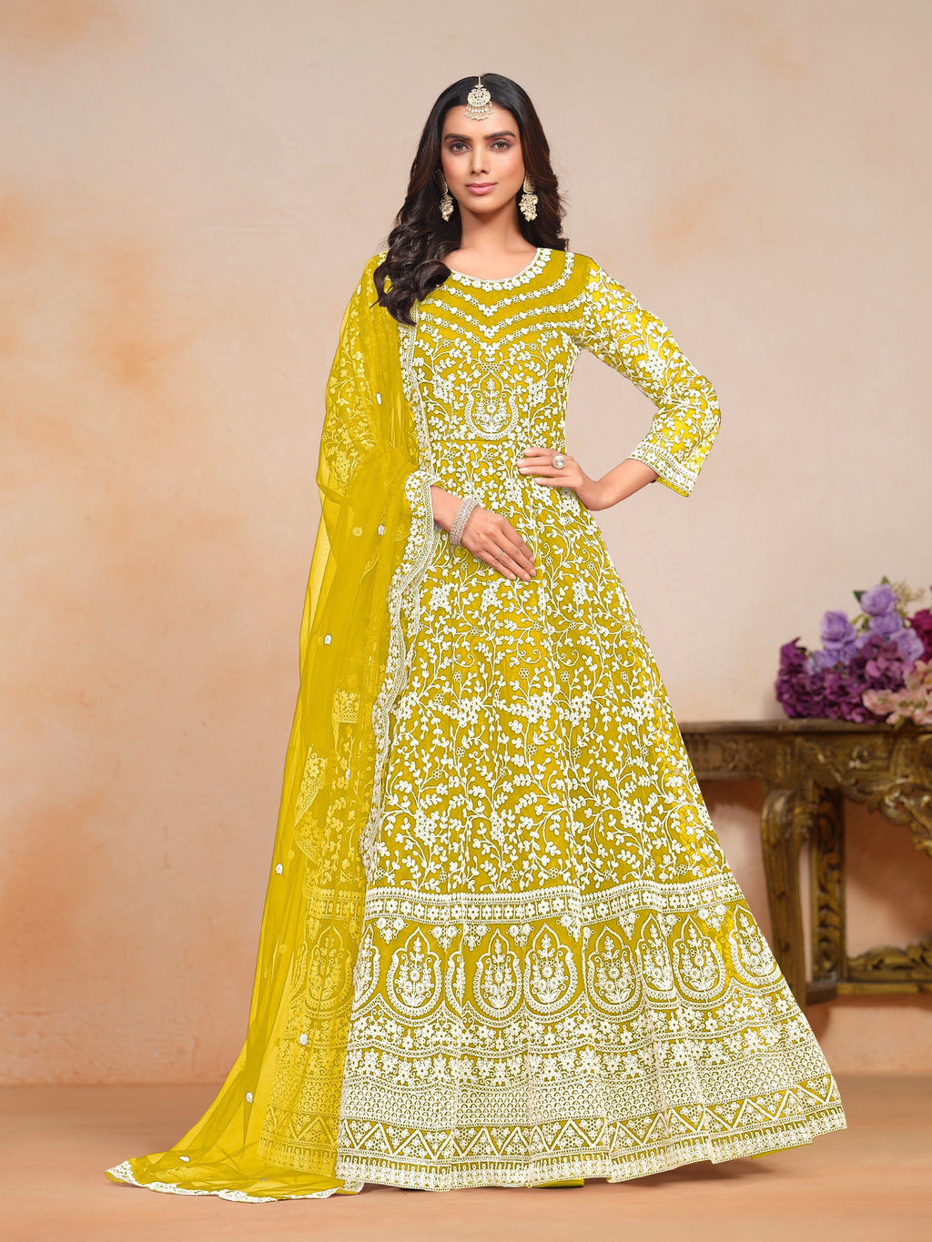 Anaita Yellow Embroidered Net Anarkali Suit - Distacart