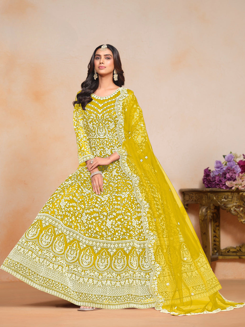 Anaita Yellow Embroidered Net Anarkali Suit - Distacart