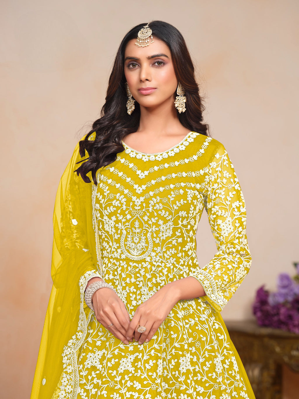 Anaita Yellow Embroidered Net Anarkali Suit - Distacart