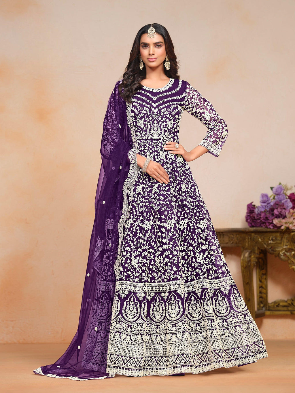 Anaita Purple Embroidered Net Anarkali Suit - Distacart