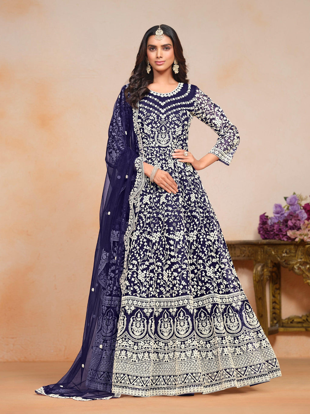 Anaita Navy_Blue Embroidered Net Anarkali Suit - Distacart