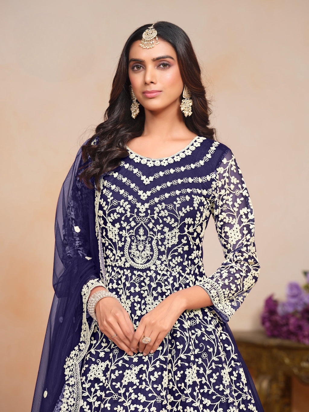 Anaita Navy_Blue Embroidered Net Anarkali Suit - Distacart