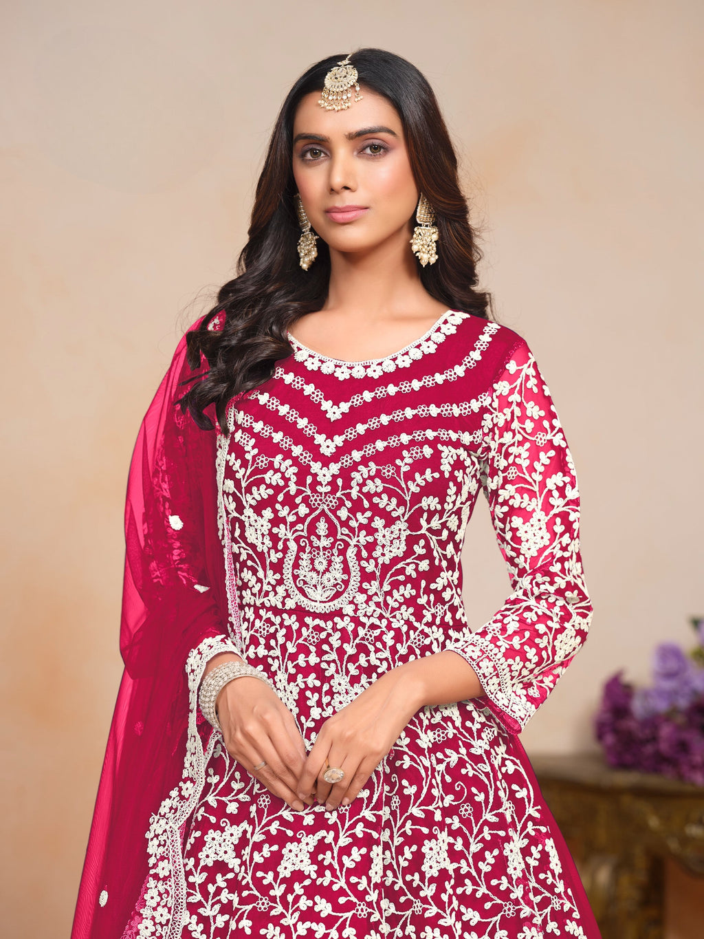 Anaita Magenta Embroidered Net Anarkali Suit - Distacart