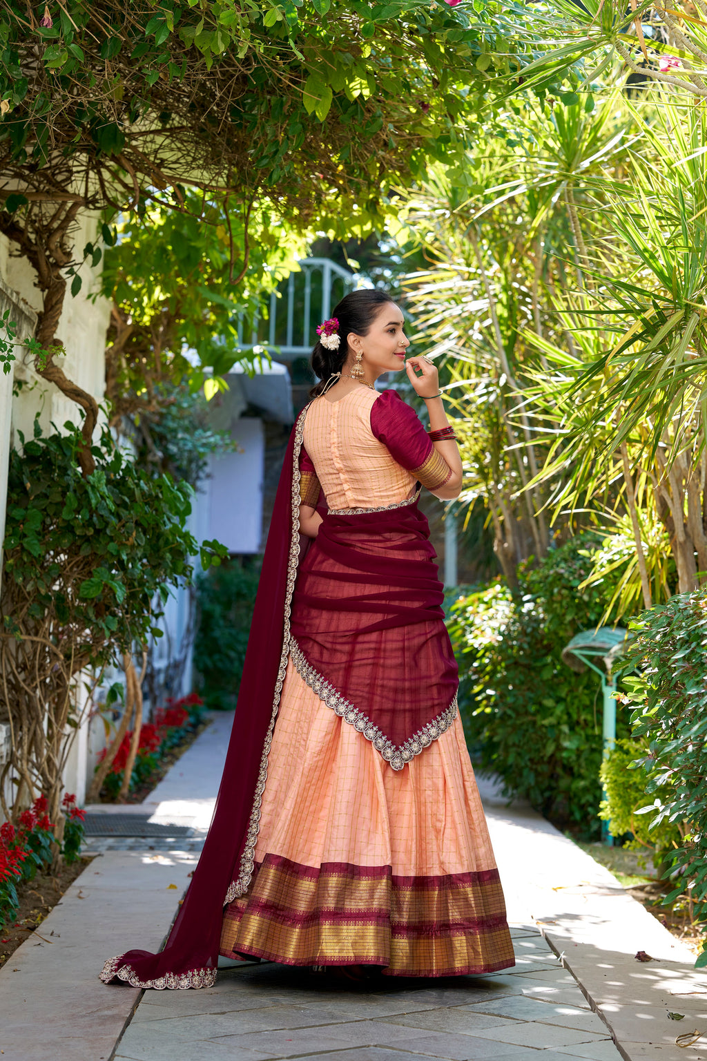 Lorenvalley Peach Zari Chex with Zari Weaving Work Lehenga Choli with Dupatta
