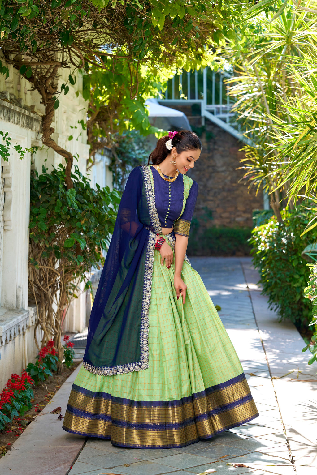 Lorenvalley Pista Zari Chex with Zari Weaving Work Lehenga Choli with Dupatta