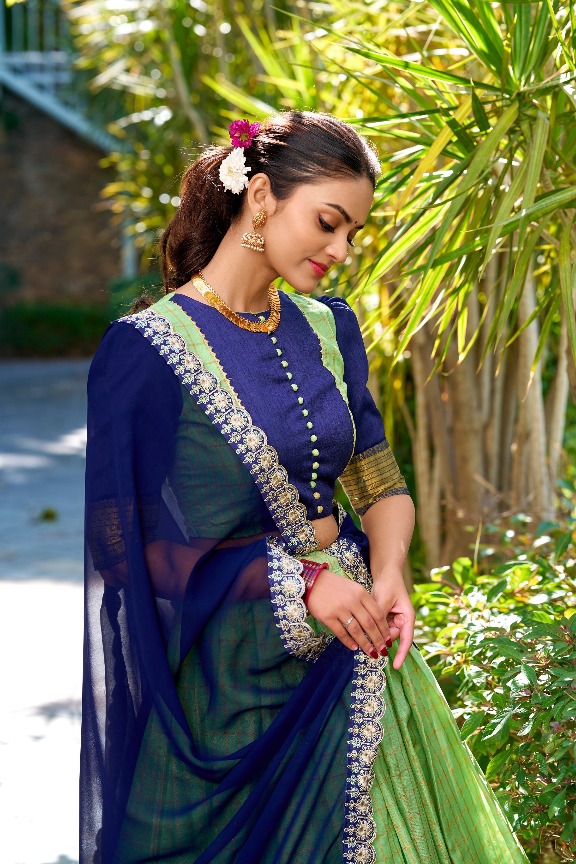 Lorenvalley Pista Zari Chex with Zari Weaving Work Lehenga Choli with Dupatta