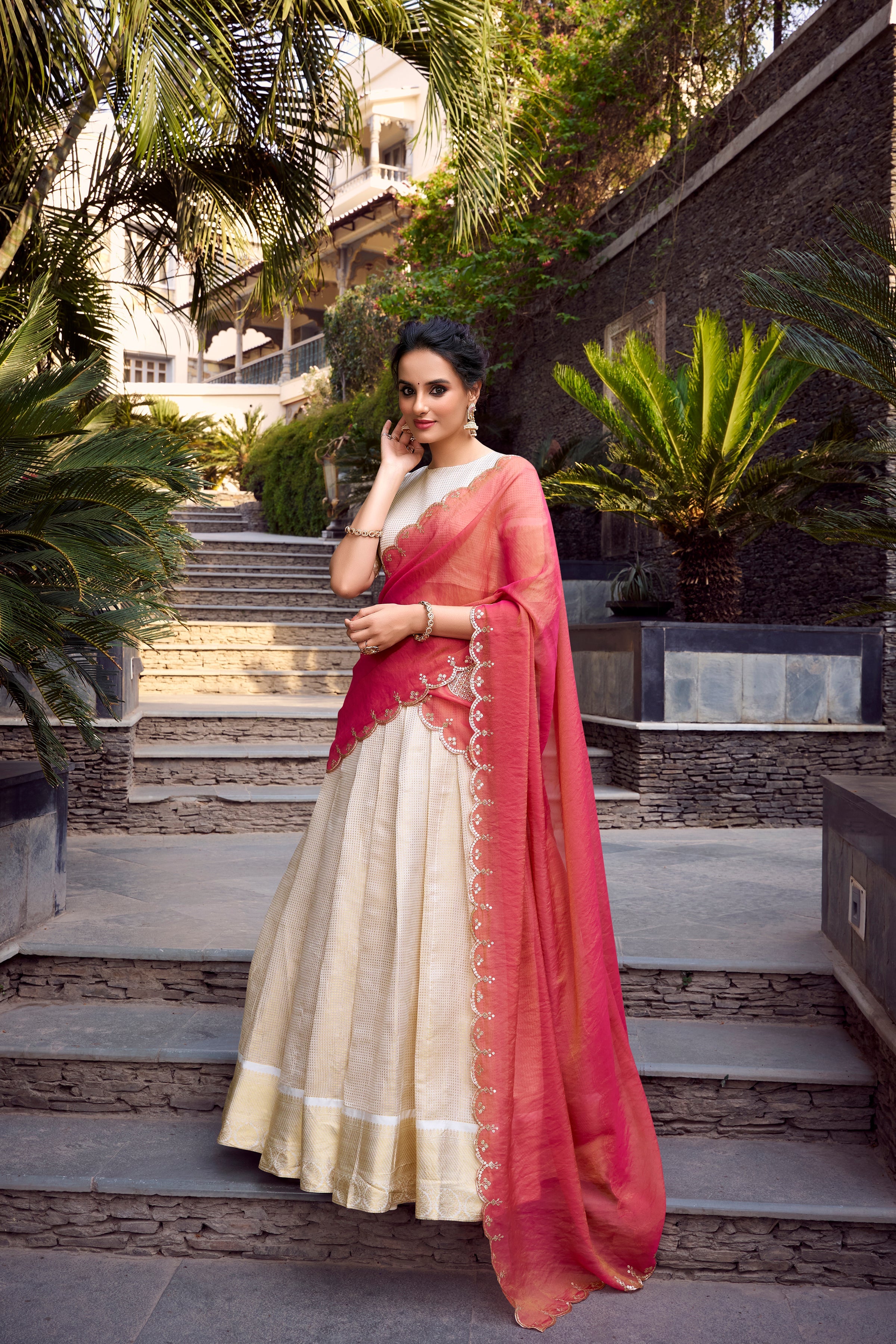 Lorenvalley Offwhite Jacquard Chex Zari Weaving Work Lehenga Choli with Dupatta