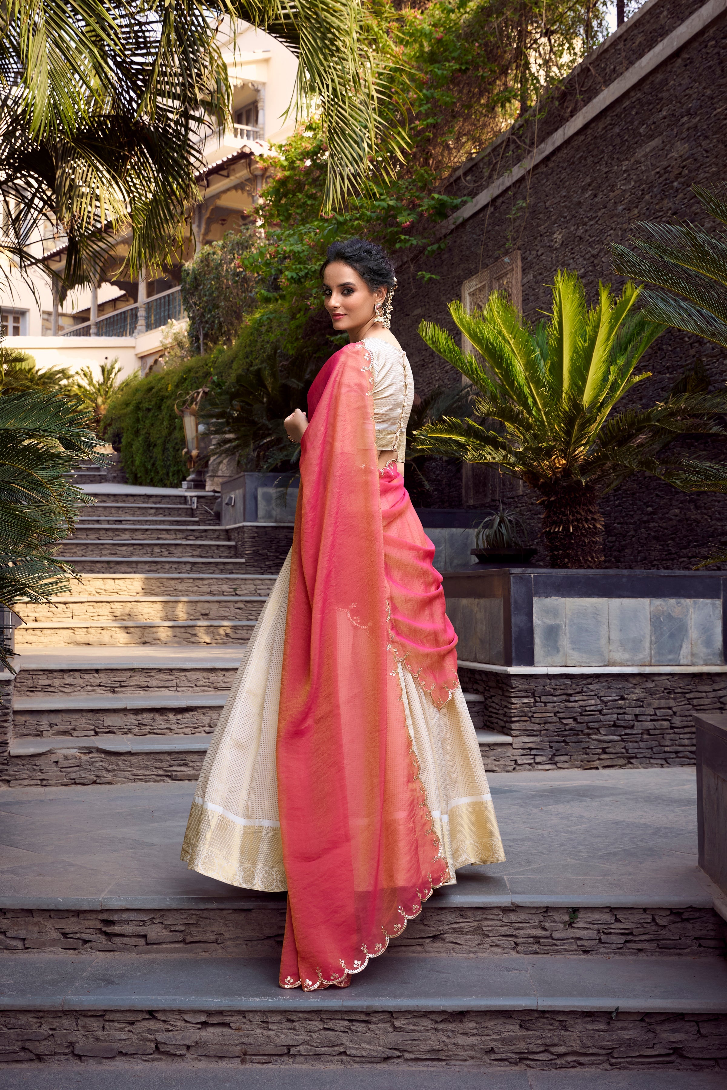 Lorenvalley Offwhite Jacquard Chex Zari Weaving Work Lehenga Choli with Dupatta