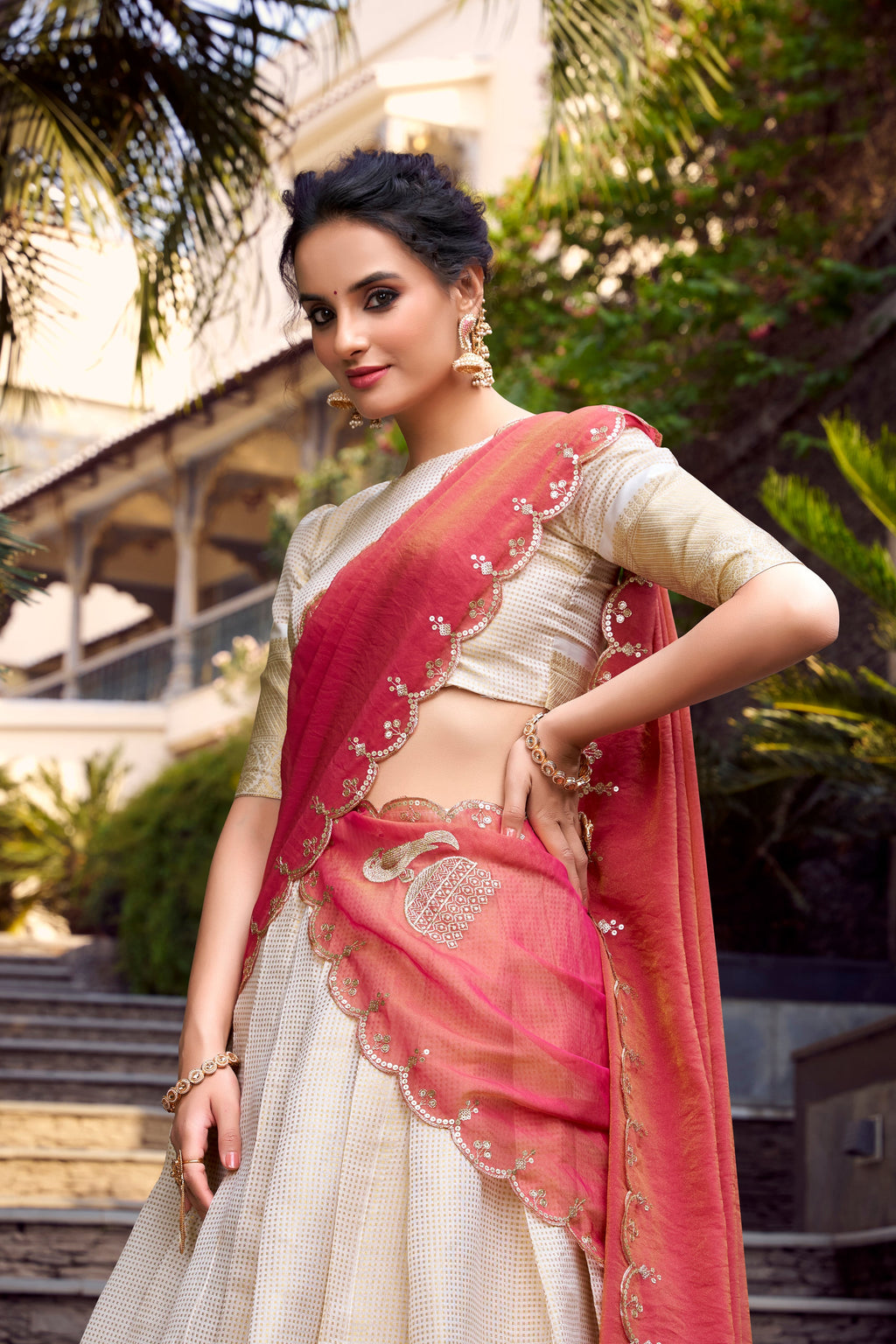 Lorenvalley Offwhite Jacquard Chex Zari Weaving Work Lehenga Choli with Dupatta