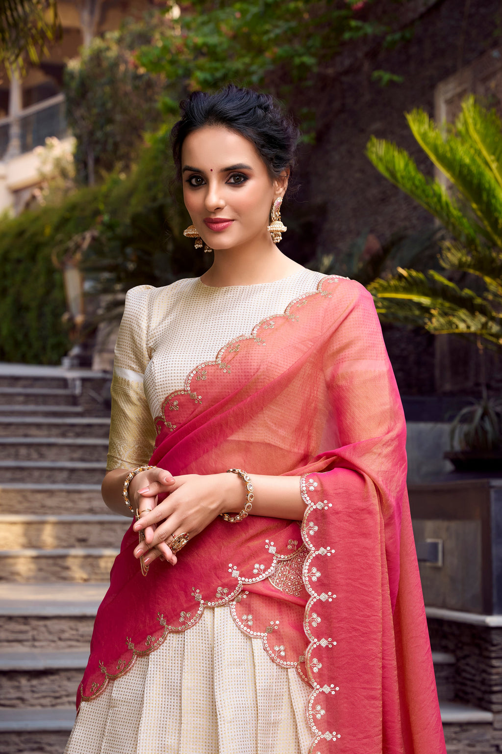 Lorenvalley Offwhite Jacquard Chex Zari Weaving Work Lehenga Choli with Dupatta