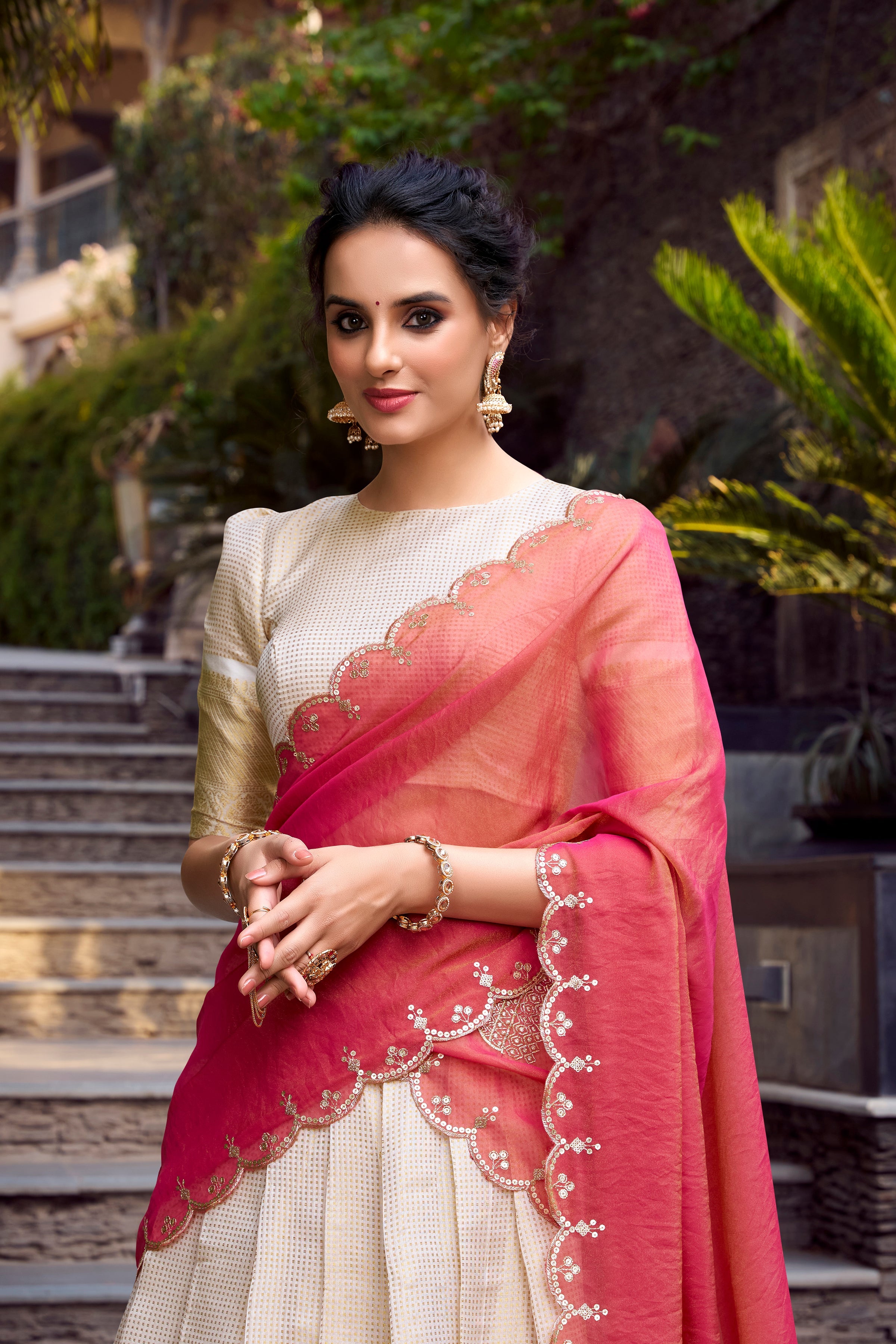 Lorenvalley Offwhite Jacquard Chex Zari Weaving Work Lehenga Choli with Dupatta