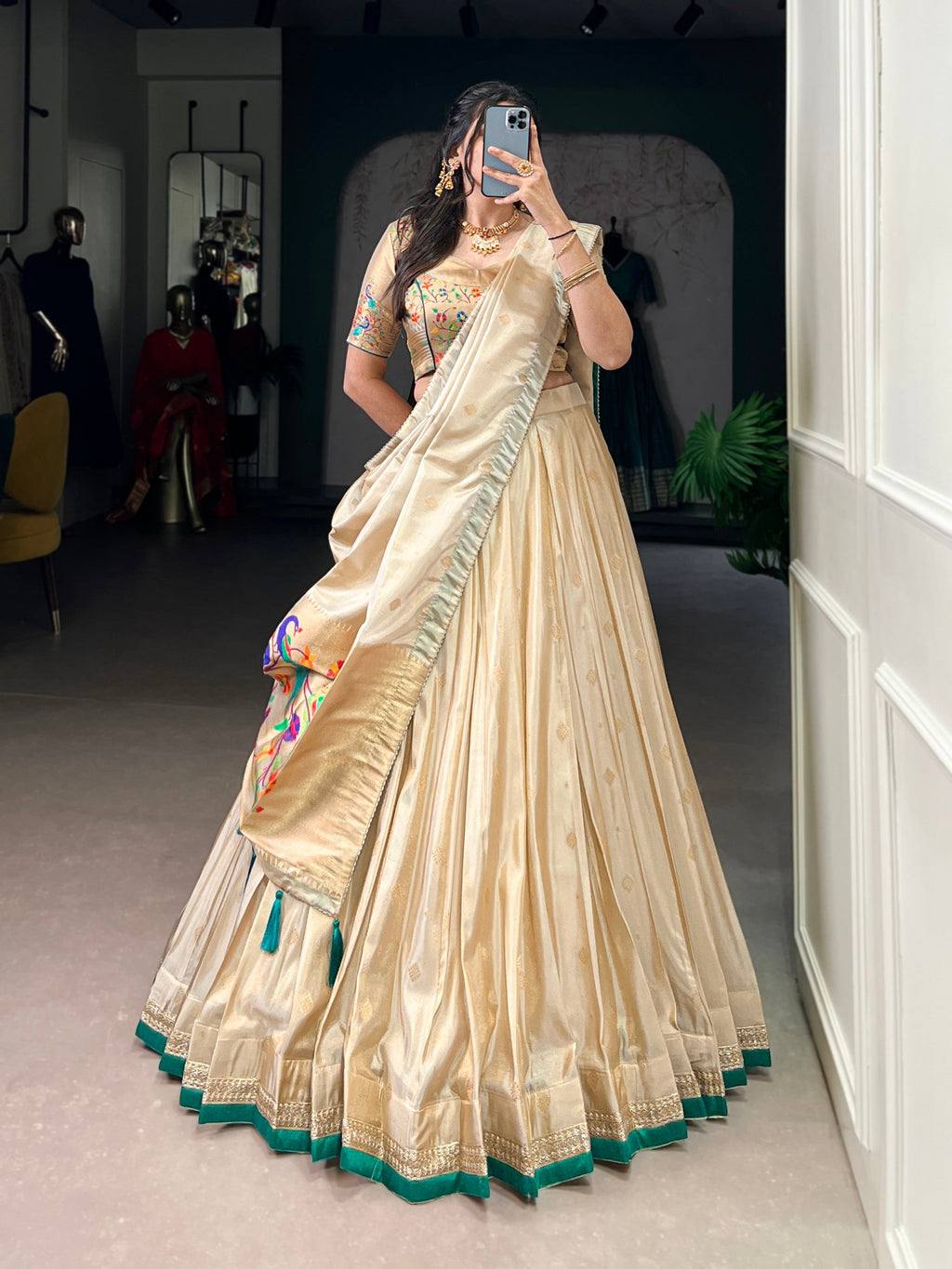 Lorenvalley Fashion Cream Shimmer Paithani Zari Weaving Work Lehenga Choli with Dupatta - Distacart