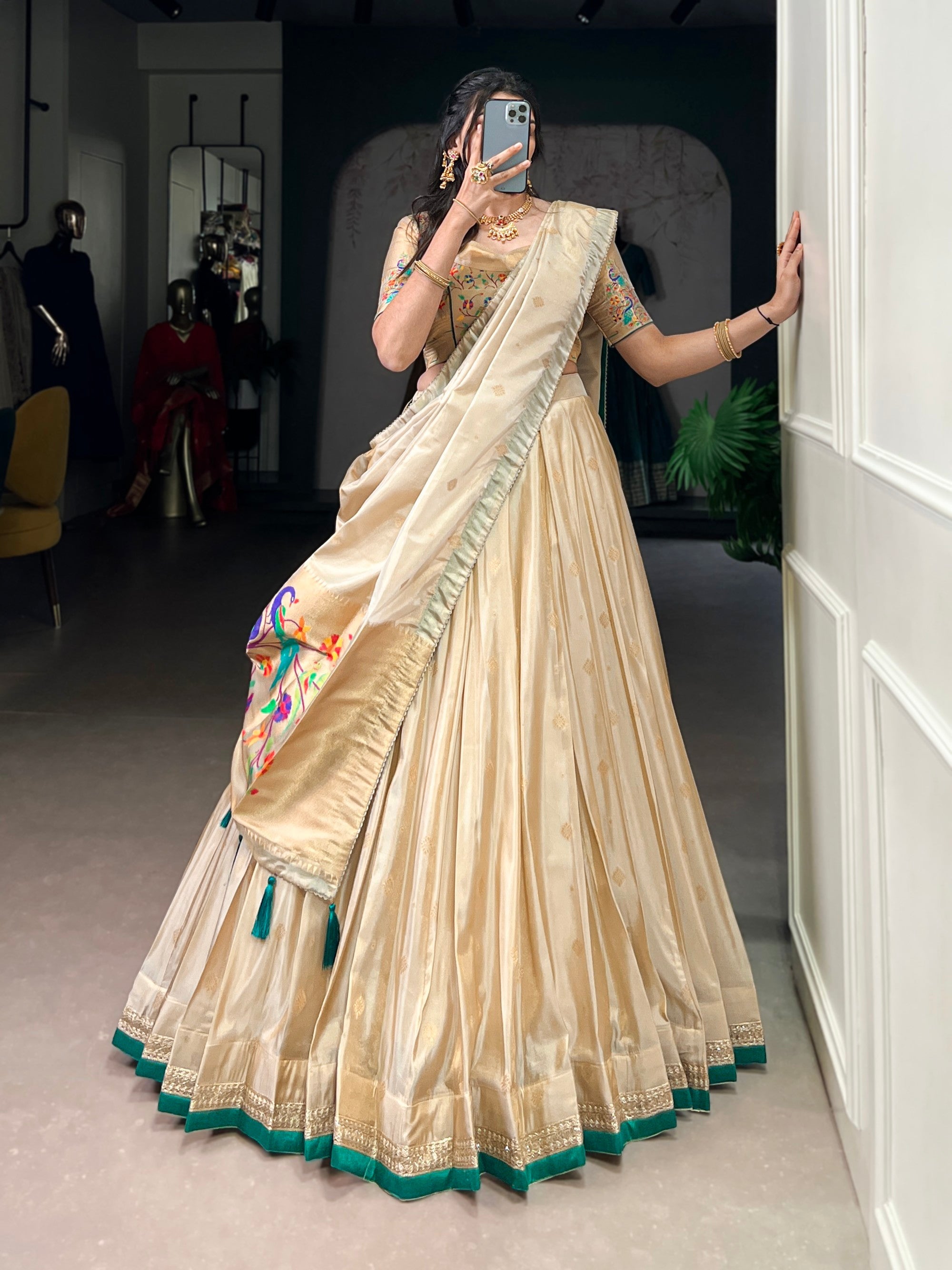 Lorenvalley Fashion Cream Shimmer Paithani Zari Weaving Work Lehenga Choli with Dupatta - Distacart