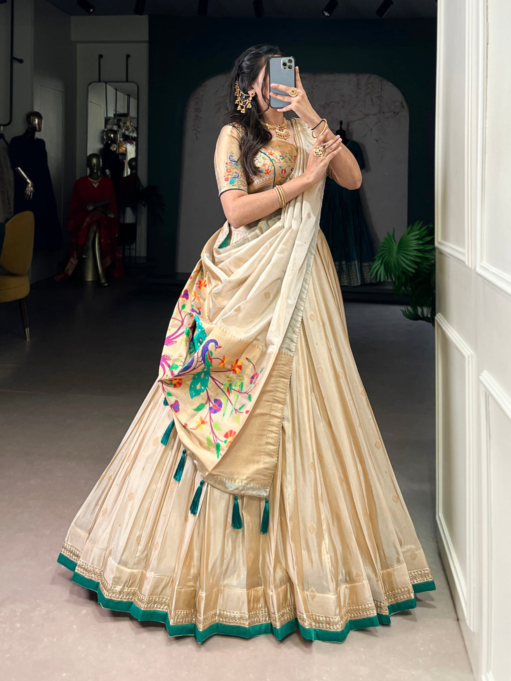Lorenvalley Fashion Cream Shimmer Paithani Zari Weaving Work Lehenga Choli with Dupatta - Distacart