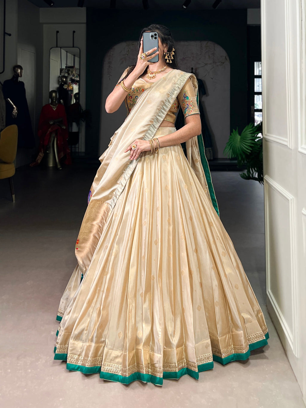 Lorenvalley Fashion Cream Shimmer Paithani Zari Weaving Work Lehenga Choli with Dupatta - Distacart