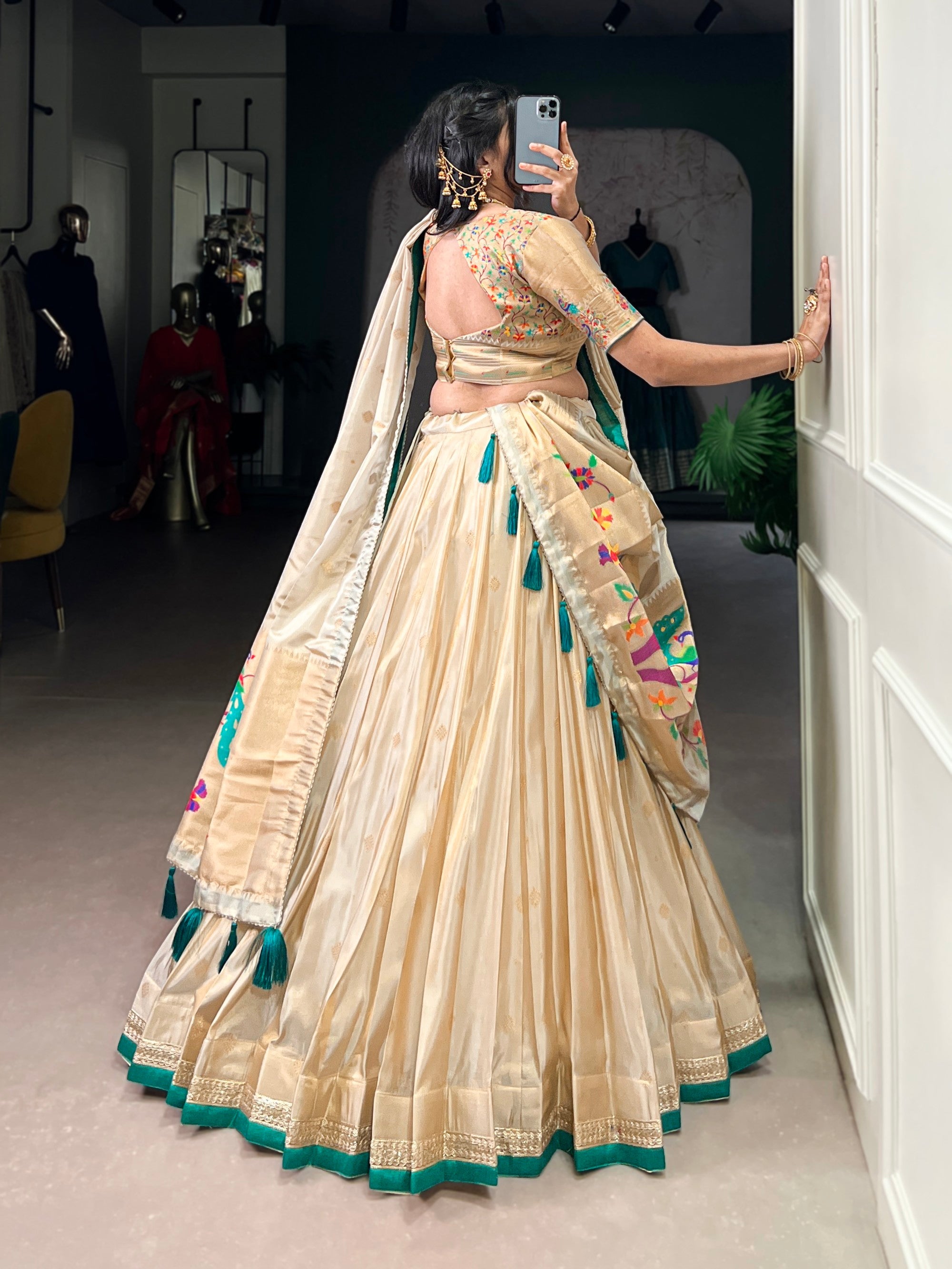 Lorenvalley Fashion Cream Shimmer Paithani Zari Weaving Work Lehenga Choli with Dupatta - Distacart