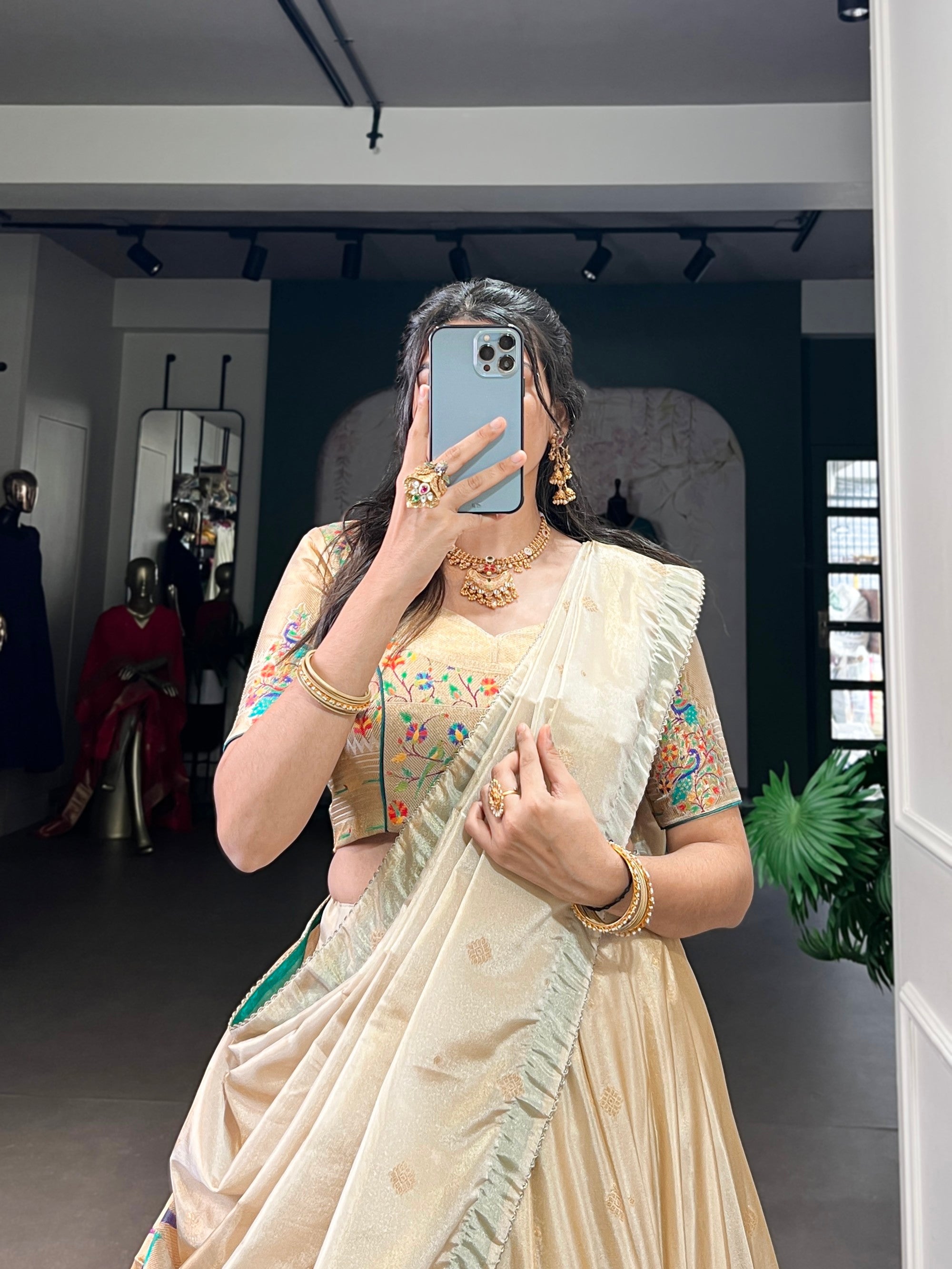 Lorenvalley Fashion Cream Shimmer Paithani Zari Weaving Work Lehenga Choli with Dupatta - Distacart