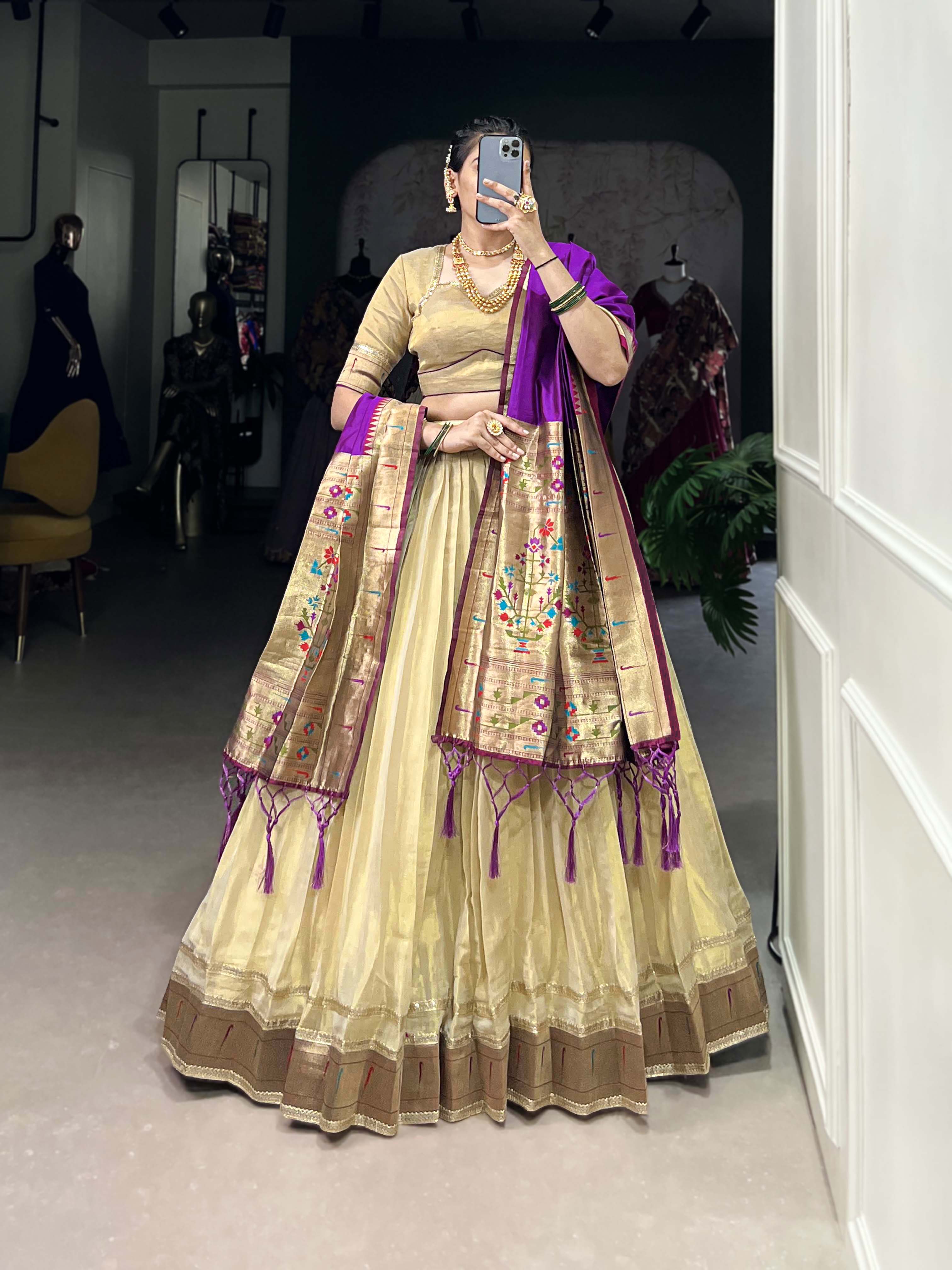 Lorenvalley Cream Erode Plain With Paithani Lace Border Lehenga Choli with Dupatta