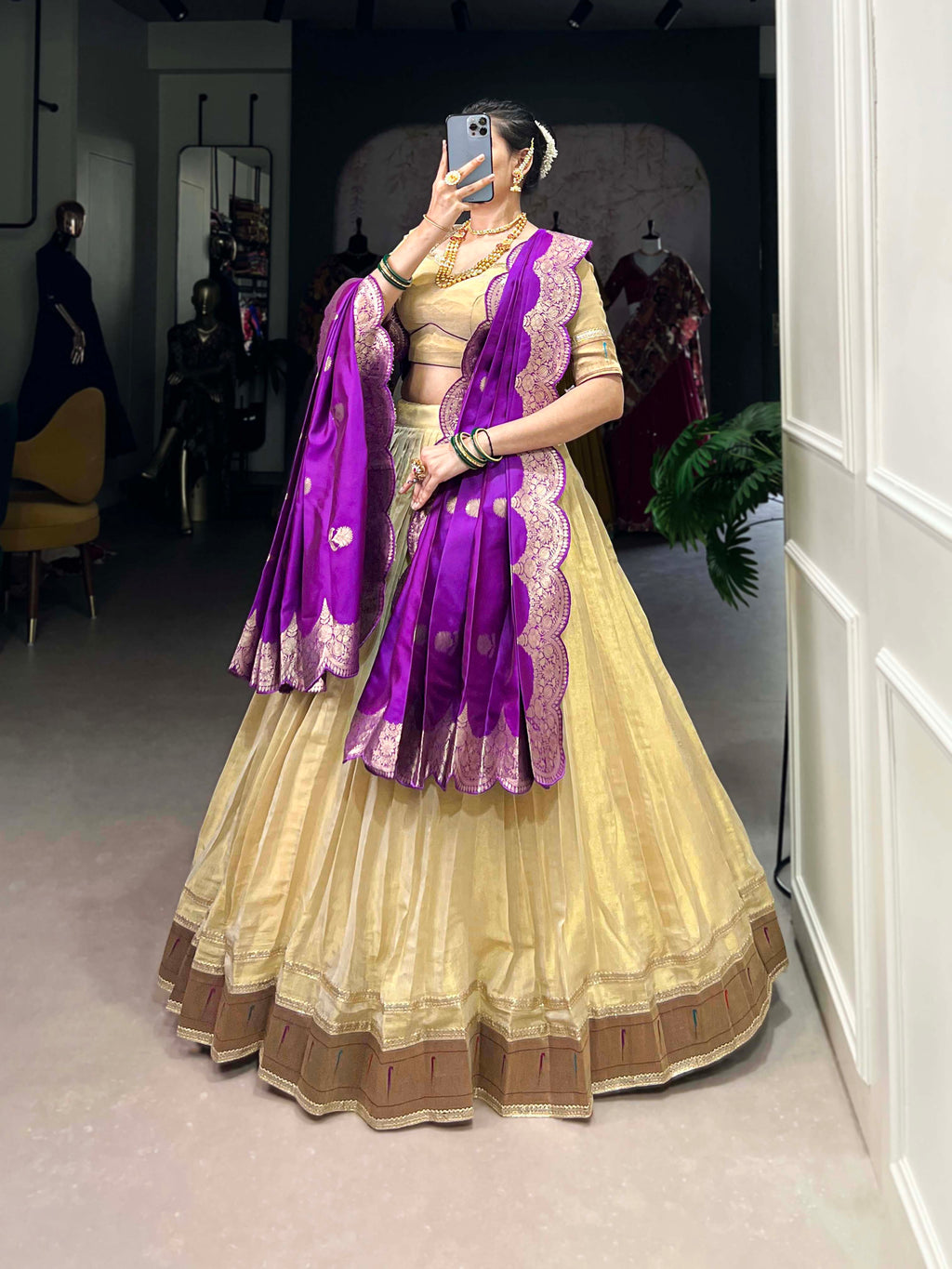 Lorenvalley Cream Erode Plain With Paithani Lace Border Lehenga Choli with Dupatta