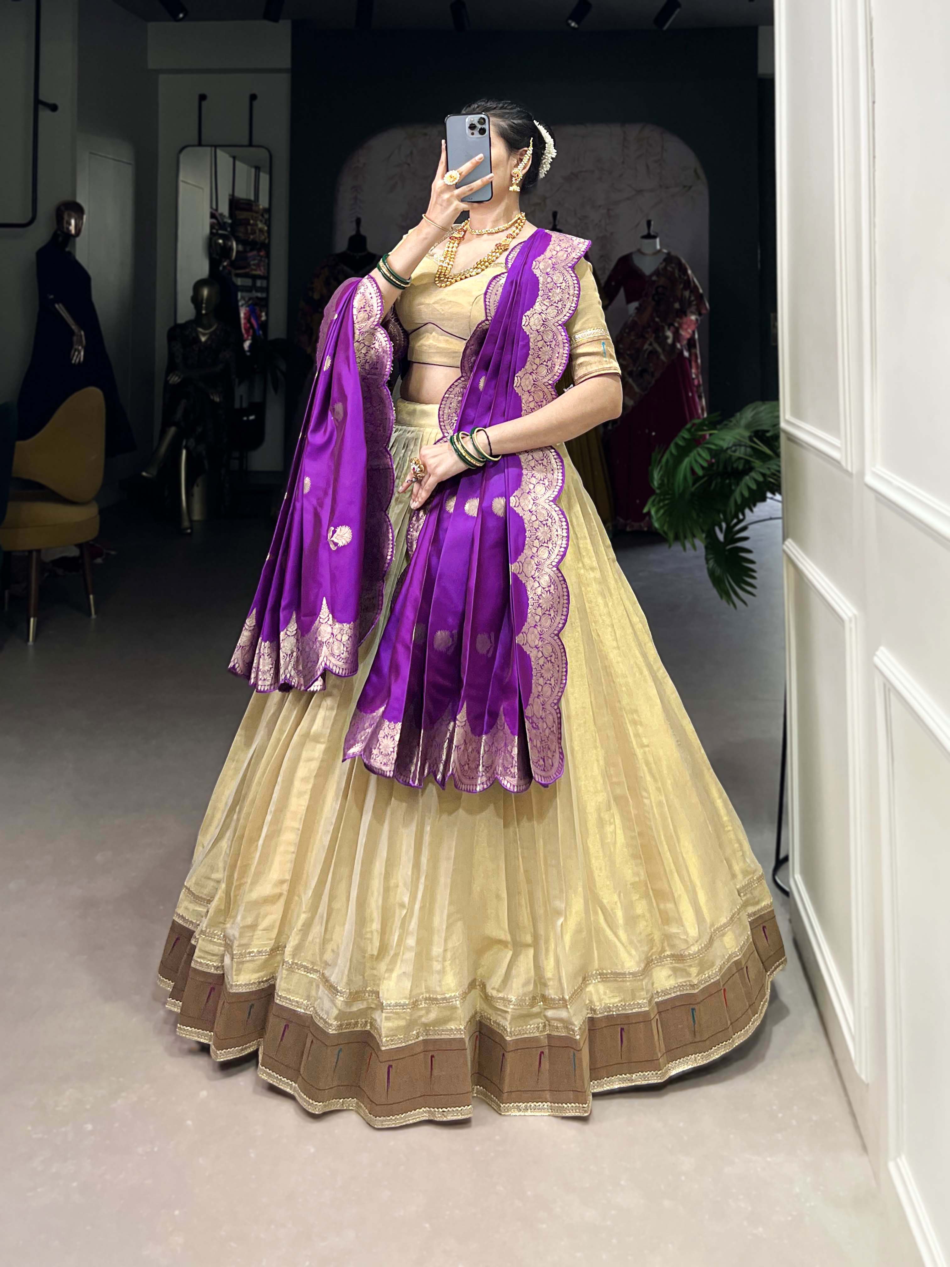 Lorenvalley Cream Erode Plain With Paithani Lace Border Lehenga Choli with Dupatta