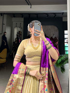Lorenvalley Cream Erode Plain With Paithani Lace Border Lehenga Choli with Dupatta