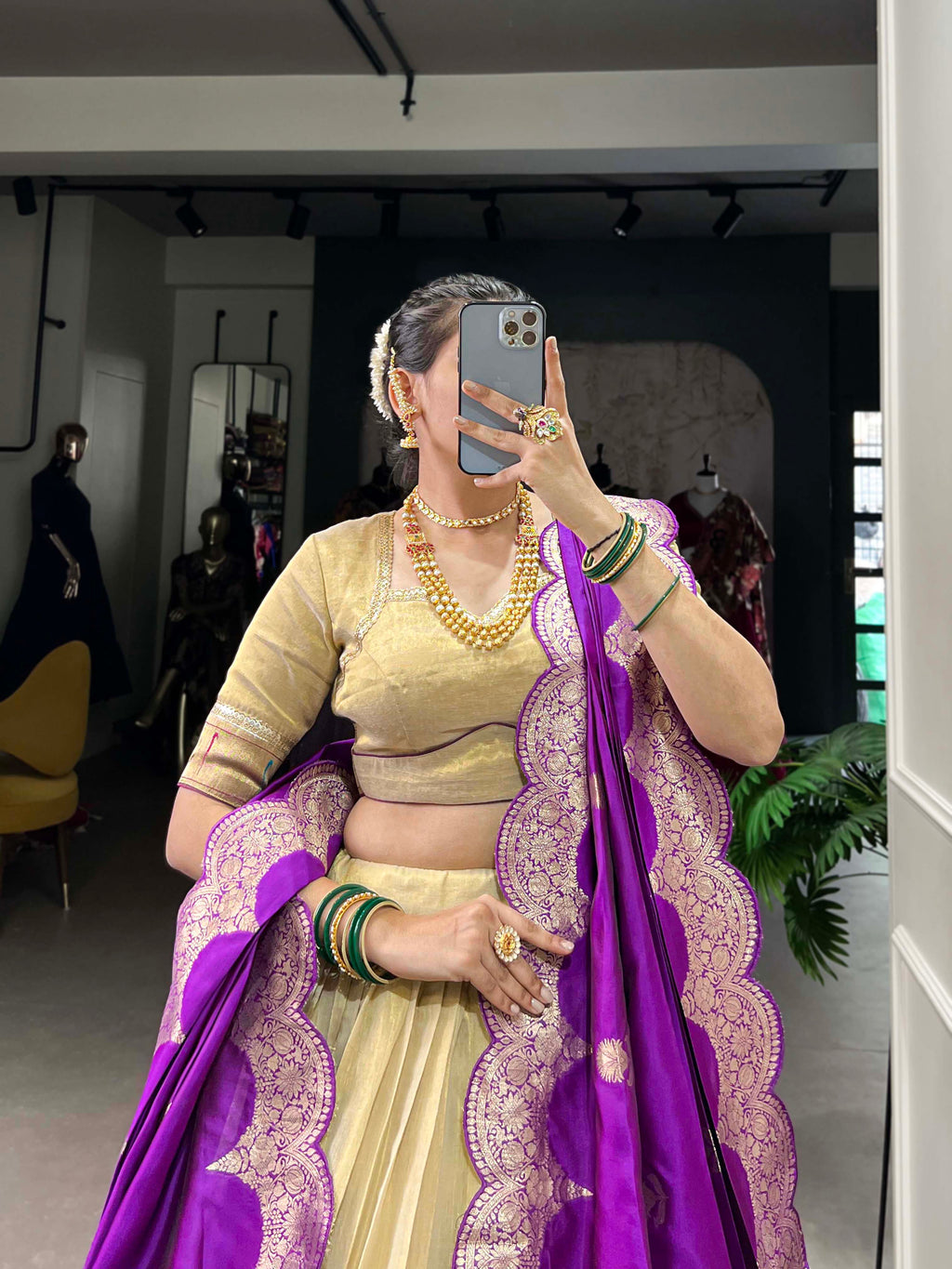 Lorenvalley Cream Erode Plain With Paithani Lace Border Lehenga Choli with Dupatta