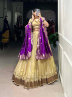Lorenvalley Cream Erode Plain With Paithani Lace Border Lehenga Choli with Dupatta
