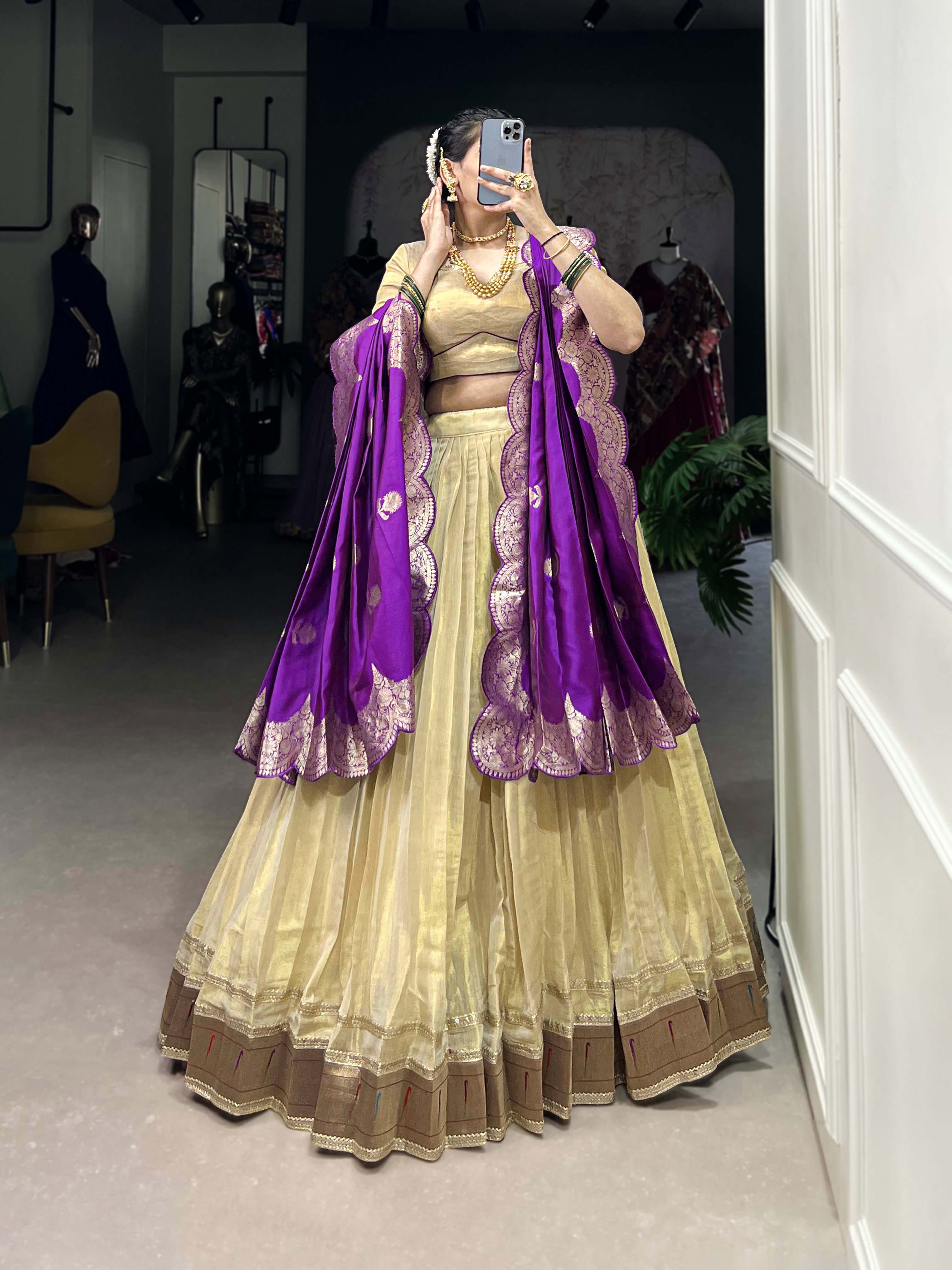 Lorenvalley Cream Erode Plain With Paithani Lace Border Lehenga Choli with Dupatta